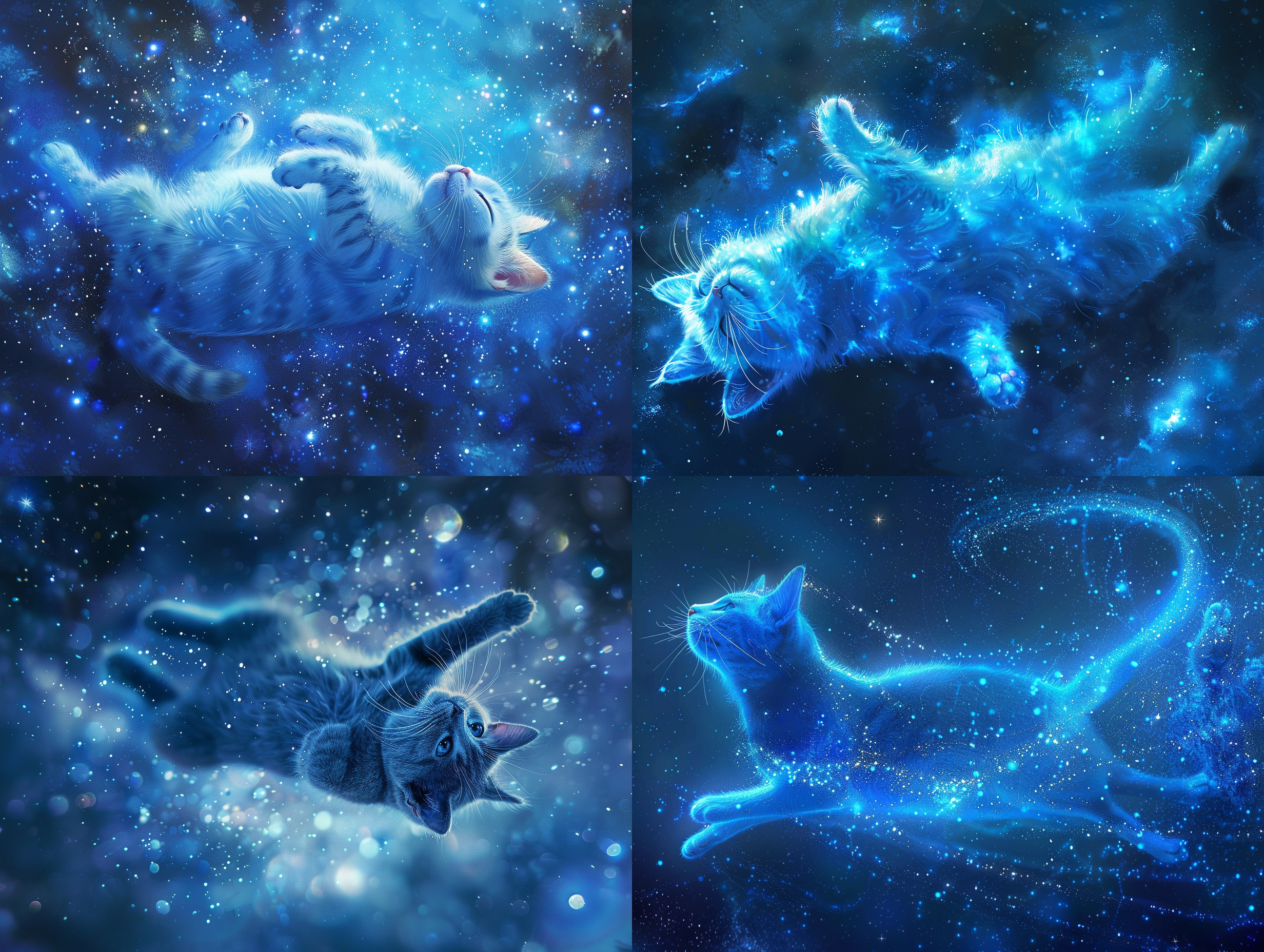 一只蓝猫在后空翻，一张微观照片，天真的艺术，可爱的，星空背景