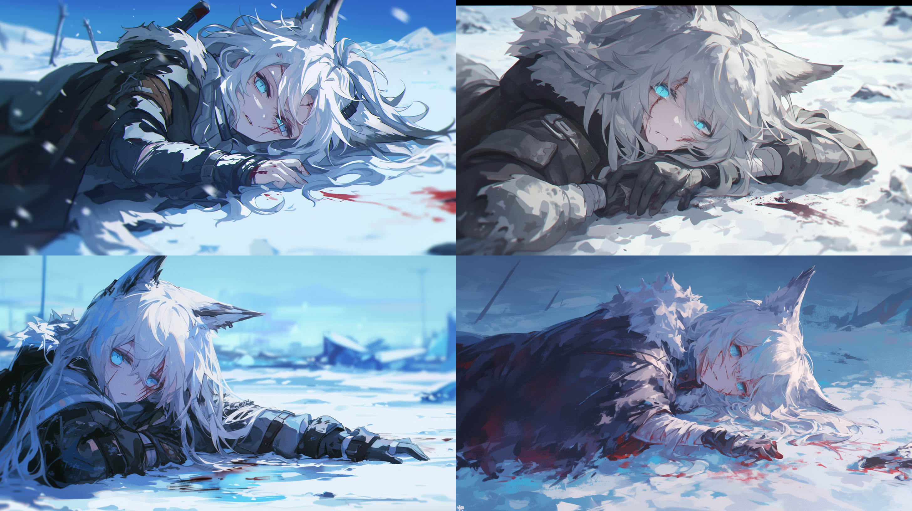 白发狼耳少女，身上衣物破烂，身体受伤，匍匐在地上，脸上多道伤痕，灰色披风，蓝竖瞳，人物全身，雪地背景，夜晚，冷色调