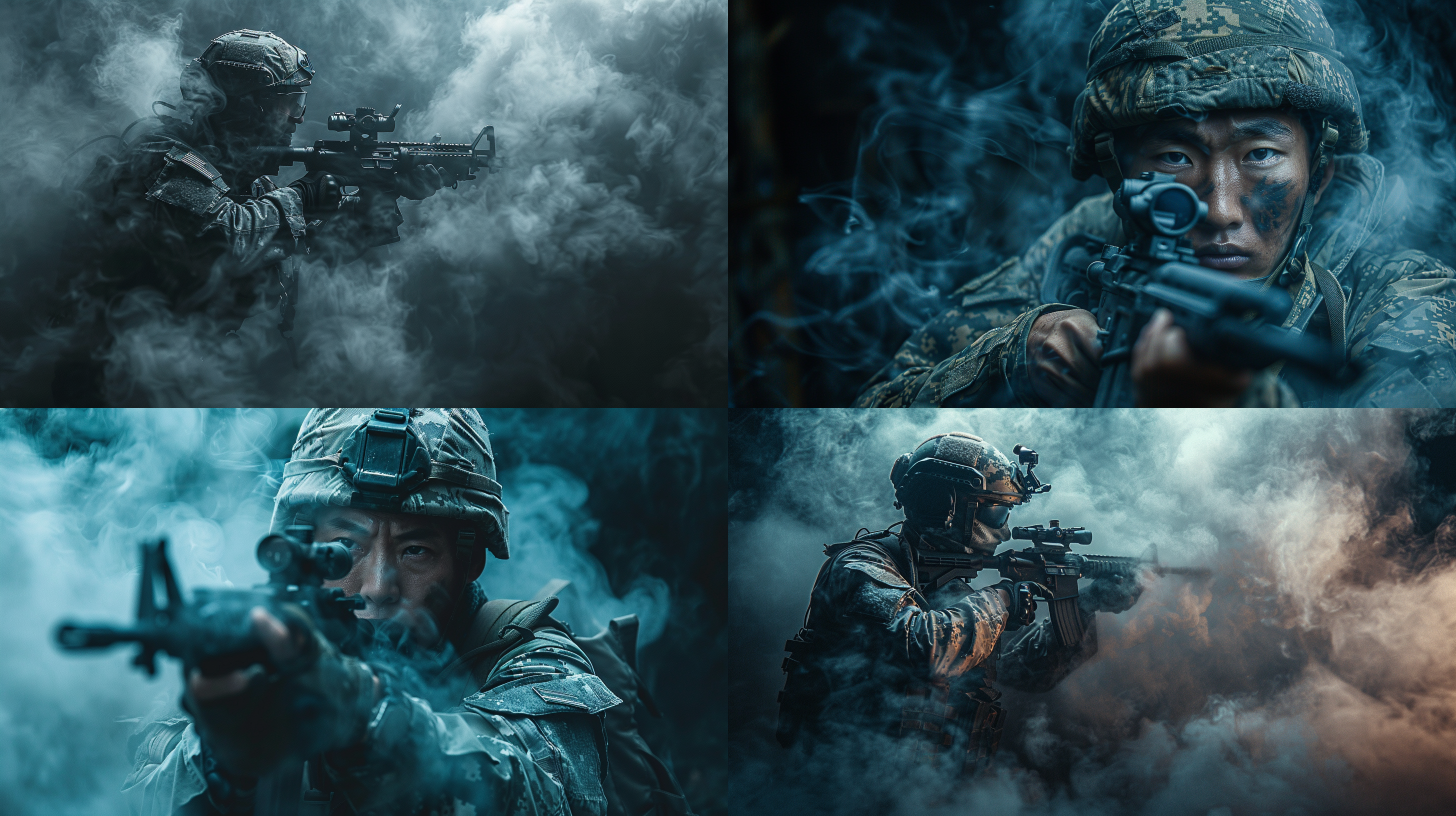 一个中国士兵，侧身，半身，特写，手拿步枪，穿越烟雾，黑色简约背景，左右构图，军事风格，电影光照，高清细节