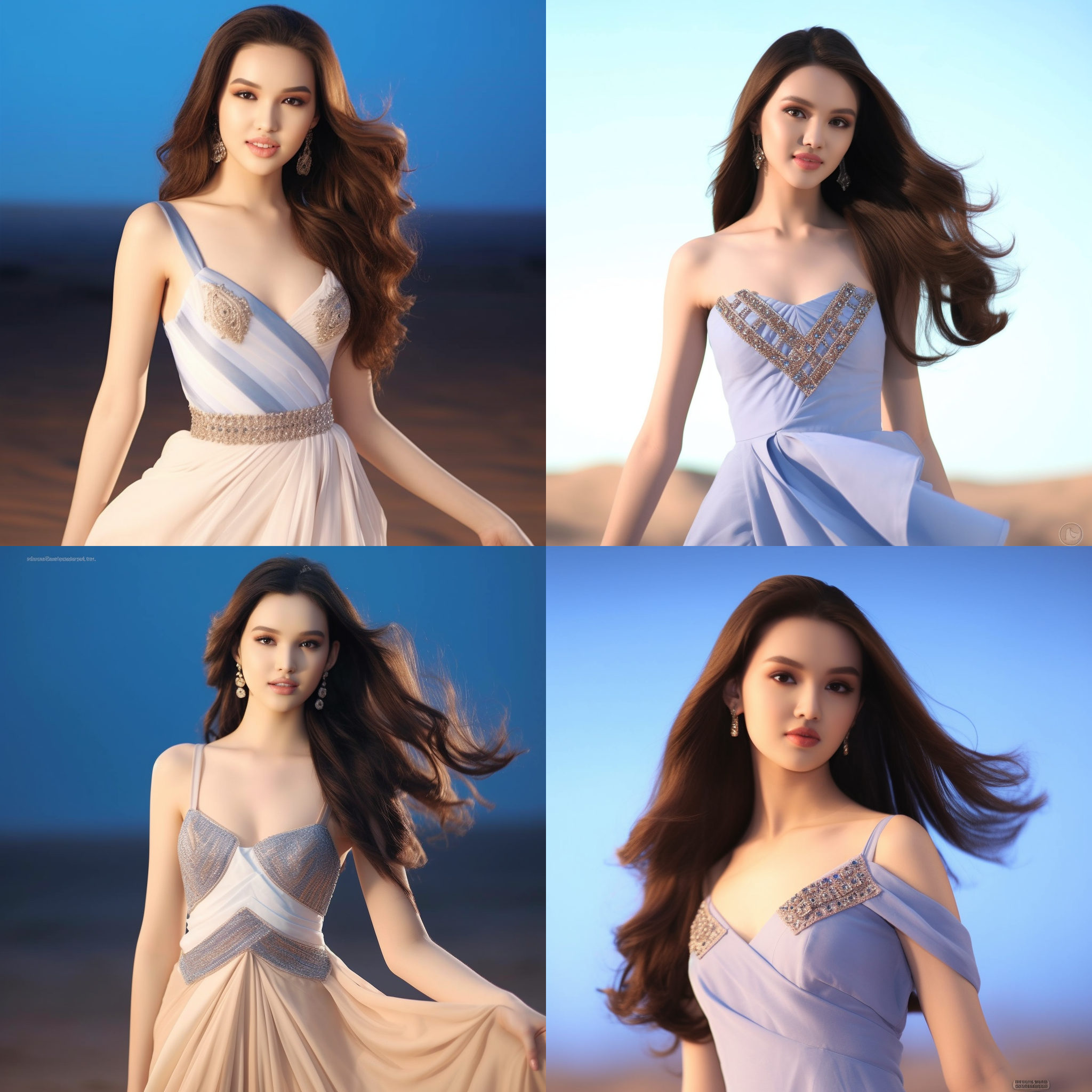 女孩穿白连衣裙，沙漠环境，风景优美，微风拂过，长发飘扬，阳光明媚，裙摆飘逸，沙丘背景，暖色调，长焦镜头，侧光，优雅气质，自信微笑，温暖。