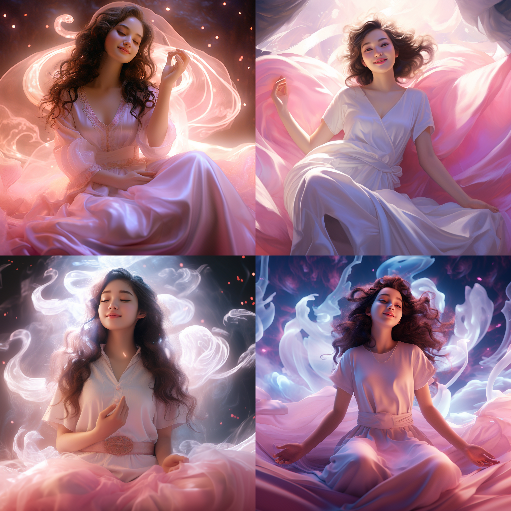 中国女孩打坐，盘发，白色长裙，微笑，双手合十放在胸前。明亮的粉光照亮她，创造了一个超逼真的幻想场景。摄影采用宫崎骏风格，清晰度高达8k，展现神奇的光影效果。