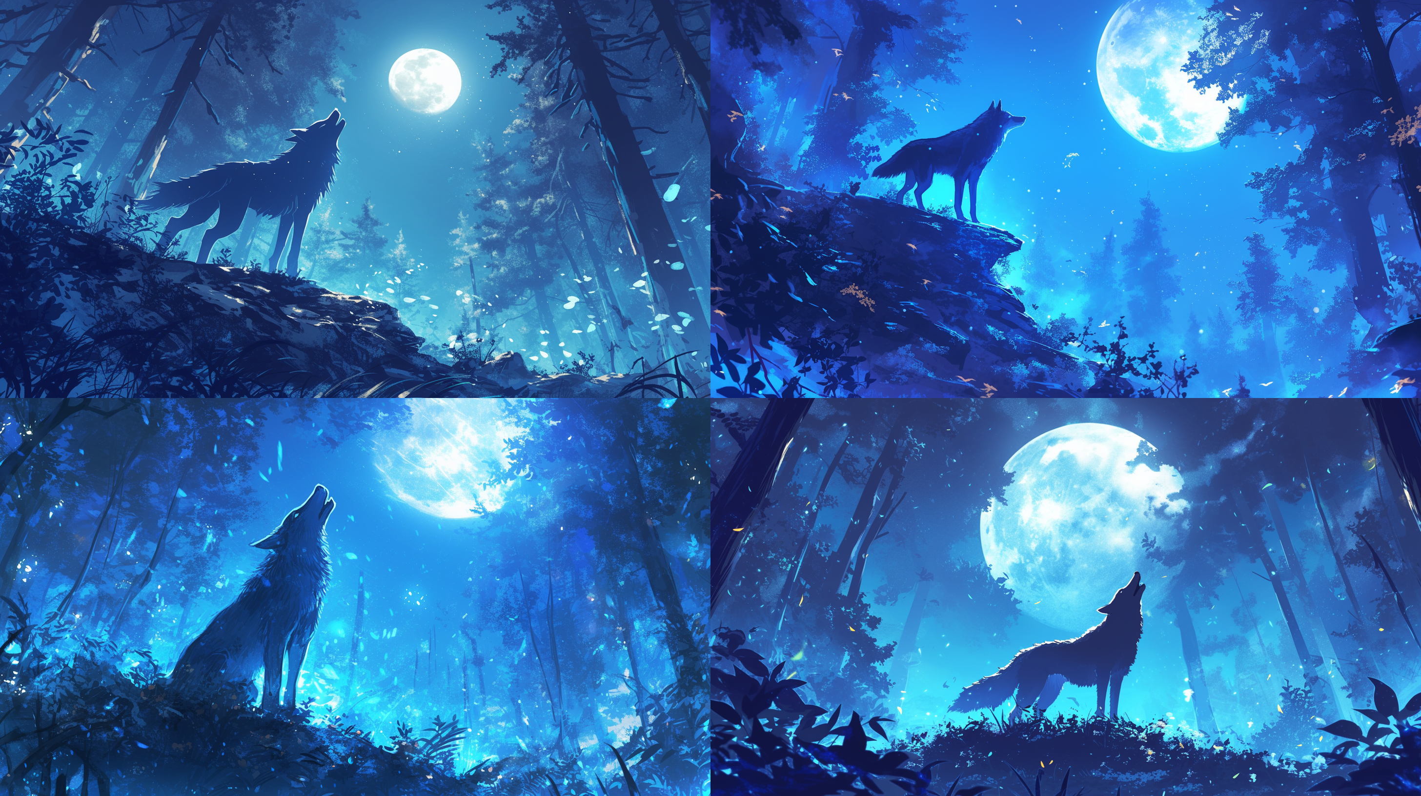 狼仰望月亮，夜晚，森林中，蓝色调，长焦镜头，明亮的月光，安静，孤独，神秘。