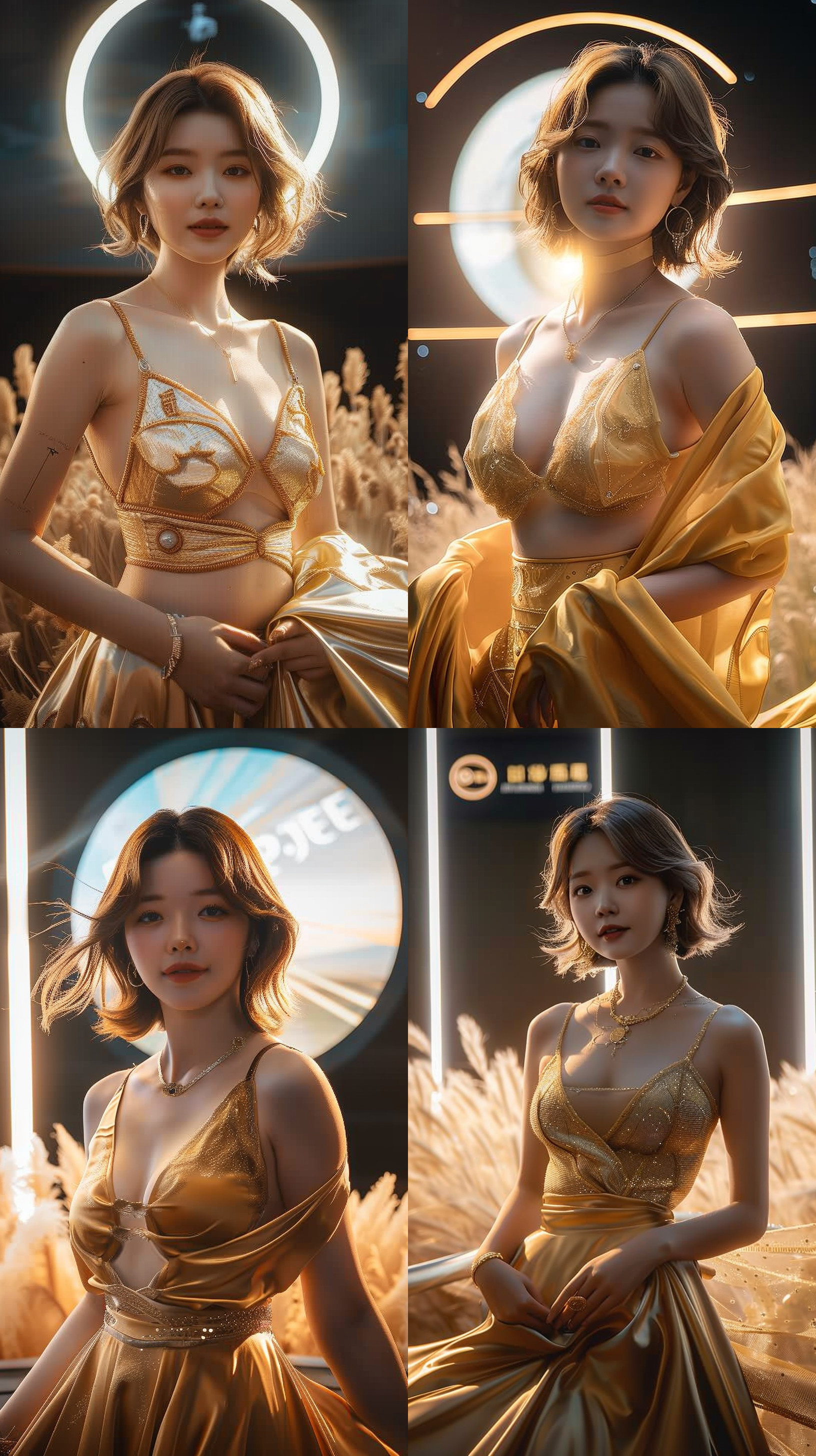 年轻美女，金色衣服，自然风景，柔和光线，长焦镜头，微笑，优雅动作，温暖色调，和谐。