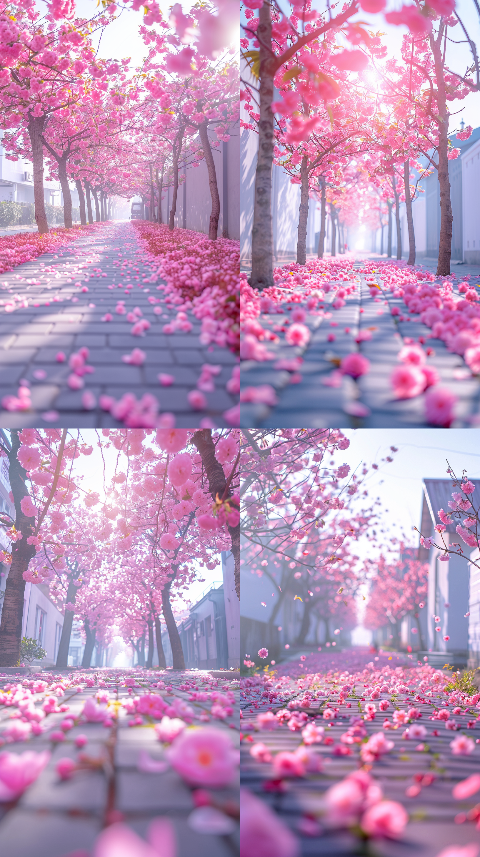 小路延伸，樱花盛开，自然光，通透，小光圈，长景深，引导线构图，16k超高清，无噪点，清新，柔和，浪漫，和谐。 摄影纪实