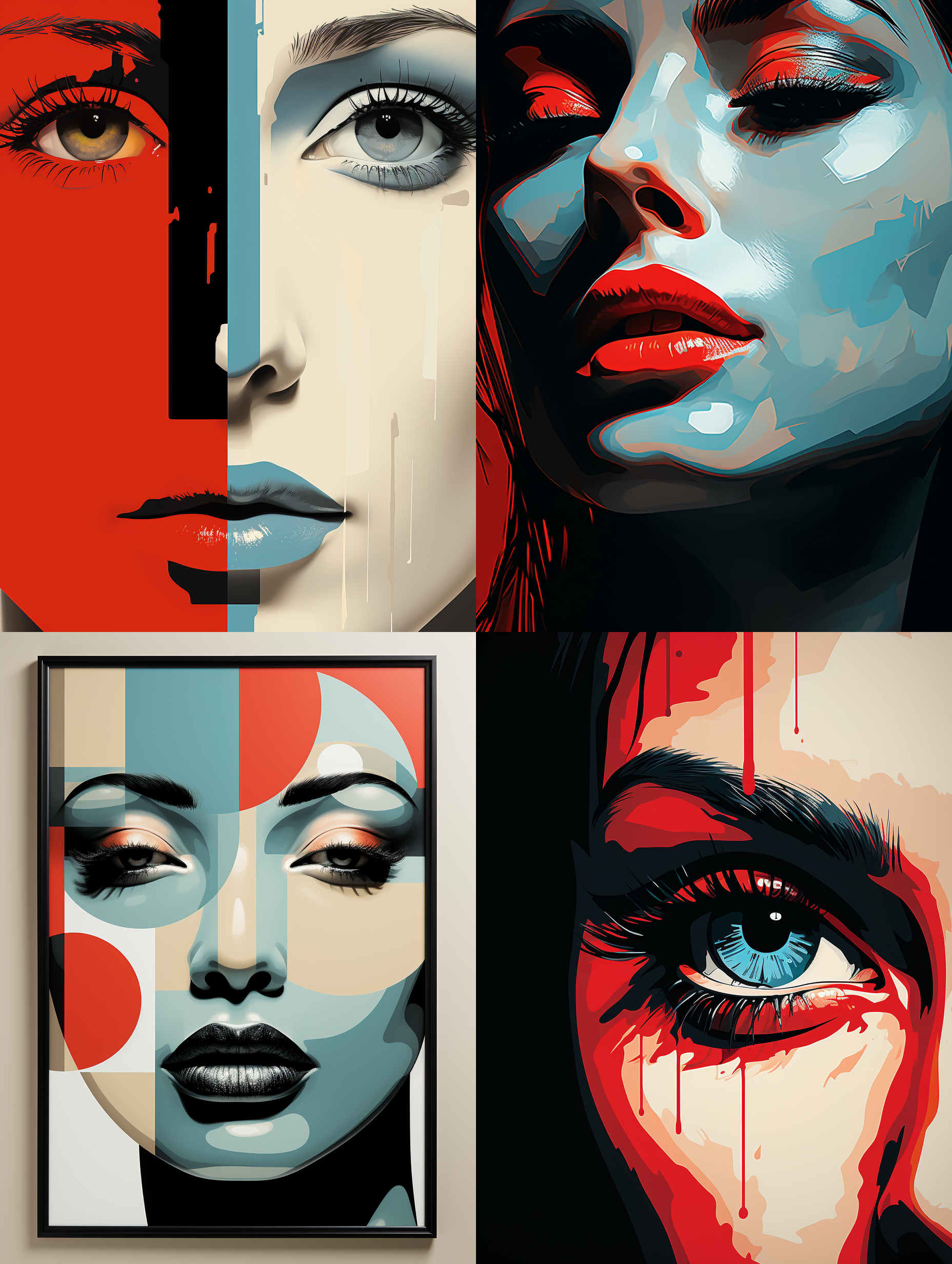 极简艺术插画、海报、杂志封面、传单、海报艺术，运动极简主义风格，模糊形式，女性美，浅红色和浅黑色和蓝绿色结合，背景黑色，特写，纯扁平插画，极致高清的画面，眼睛描绘清晰细致，根根分明的睫毛，夸张的耳环，半身构图，高美感，图形化