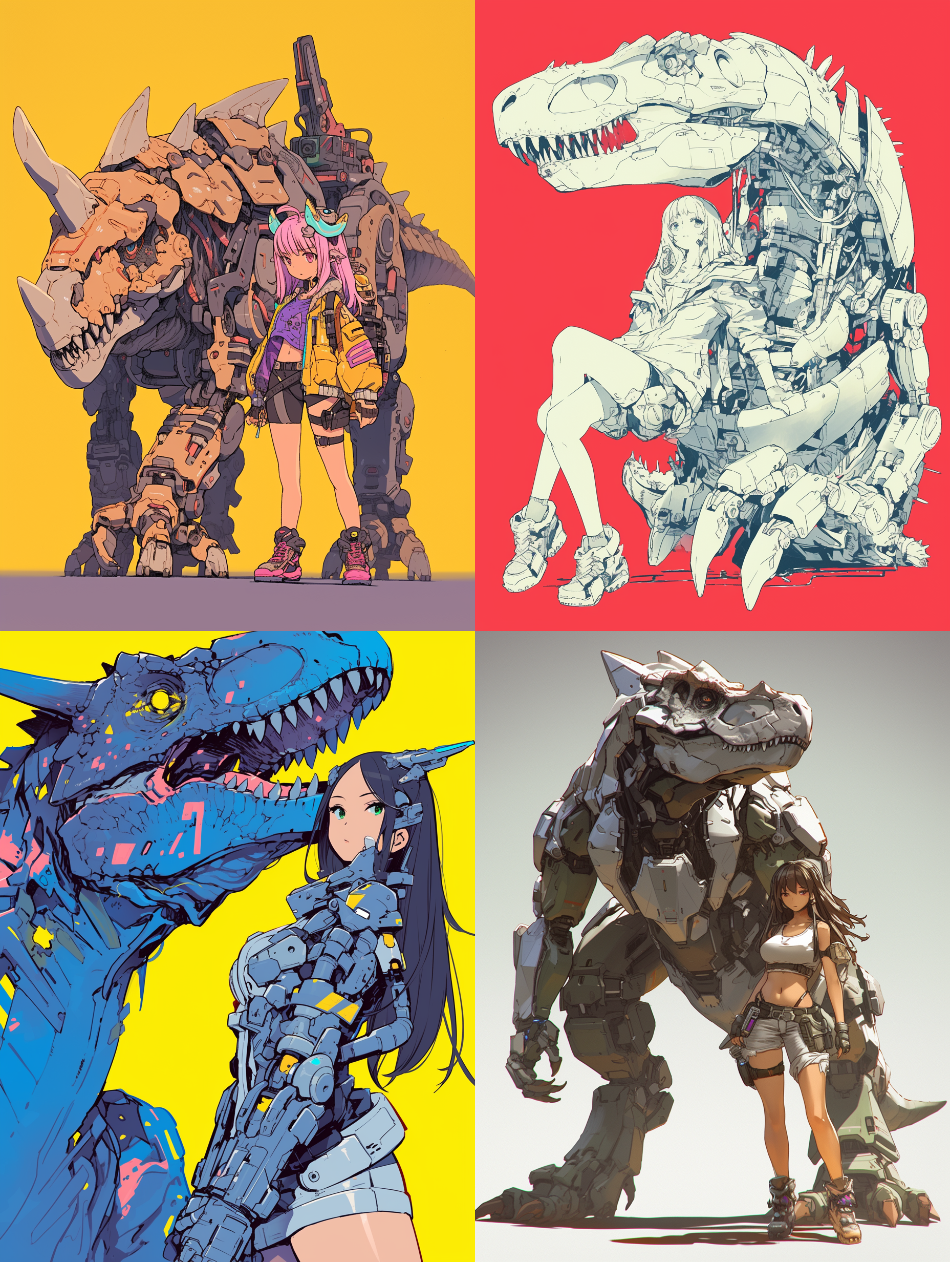 一张恐龙机甲绘图，以数字化cad图纸风格呈现，展示一只融合高科技机械与恐龙特征的生物。图纸以金属质感的颜色描绘机甲动物，强调机甲动物的实用性与生物美学。一位身穿机甲服的美少女在恐龙机甲前面，