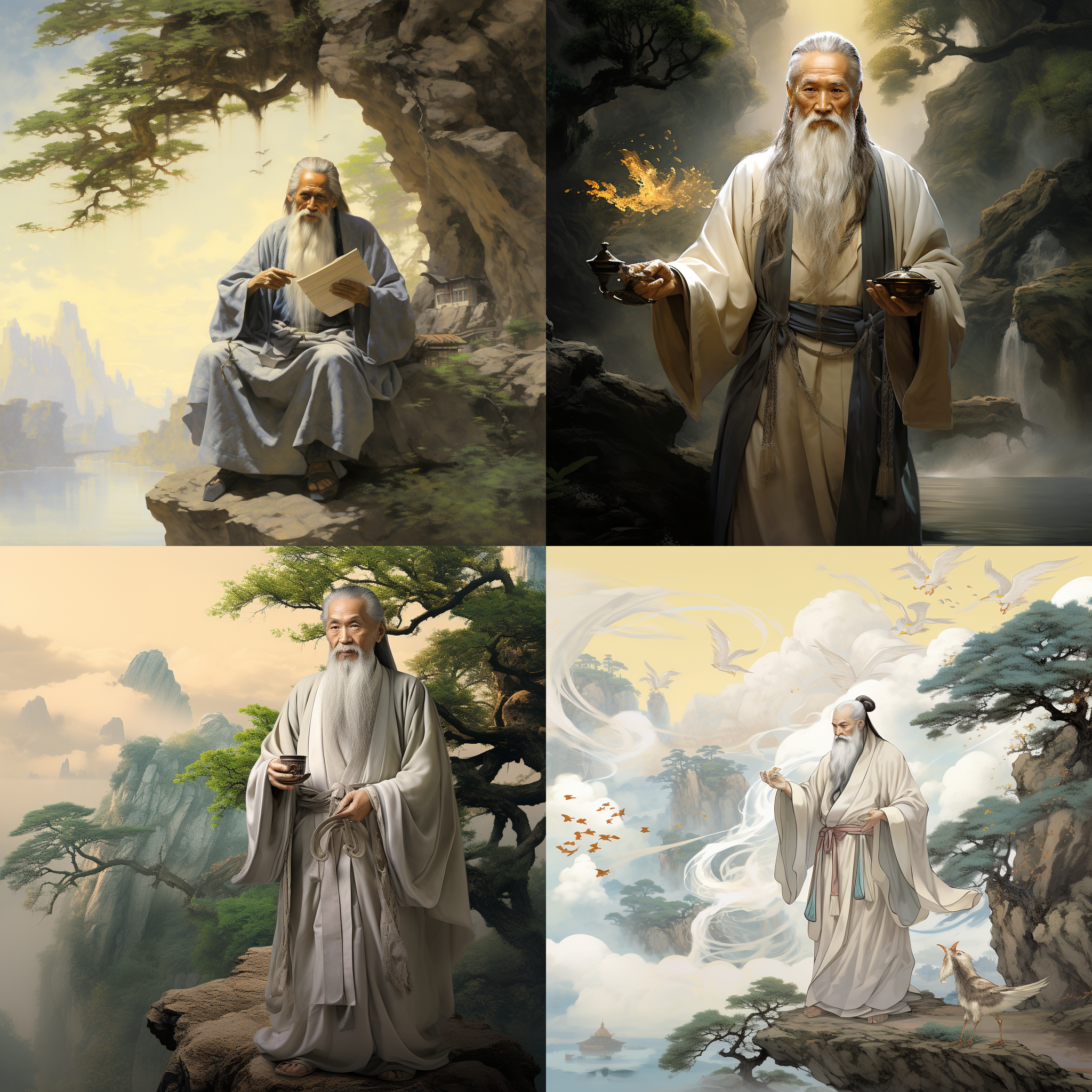 古風經典，老子衣裝飄逸，白發飛揚，手牽青牛，身駝萬卷書，飄渺山巒疊翠，行走在蒼柏古道，上有天宮玉宇，白鶴翱翔。 古風，山水畫風，遠景，長焦鏡頭，自然光，靜止，大氣色調，莊嚴，悠遠，智慧。