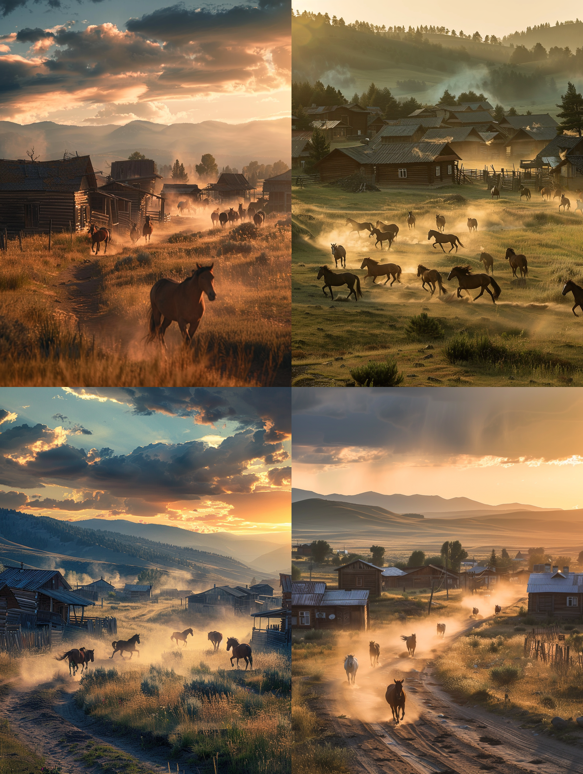 风光摄影，日落时分西部小镇上，古旧的木屋，宽广的荒野，马儿奔跑，沙尘飞扬，广角镜头，侧光，动感，壮丽