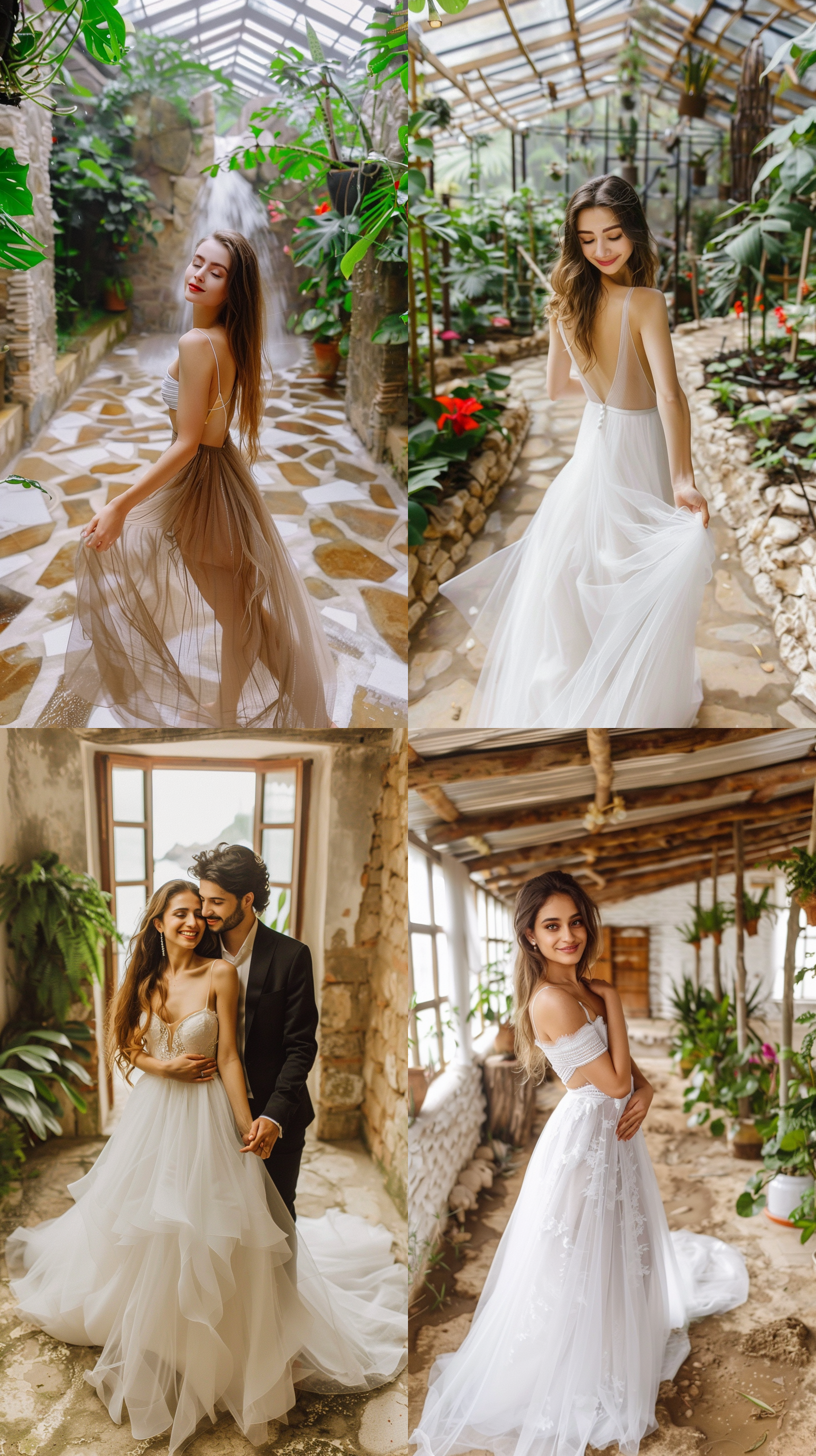 在雨林中漫步，瀑布背景，婚纱礼服，柔和光线，长焦镜头，自然动作，绿色植物，浪漫氛围，幸福笑容，清新色调。 摄影纪实