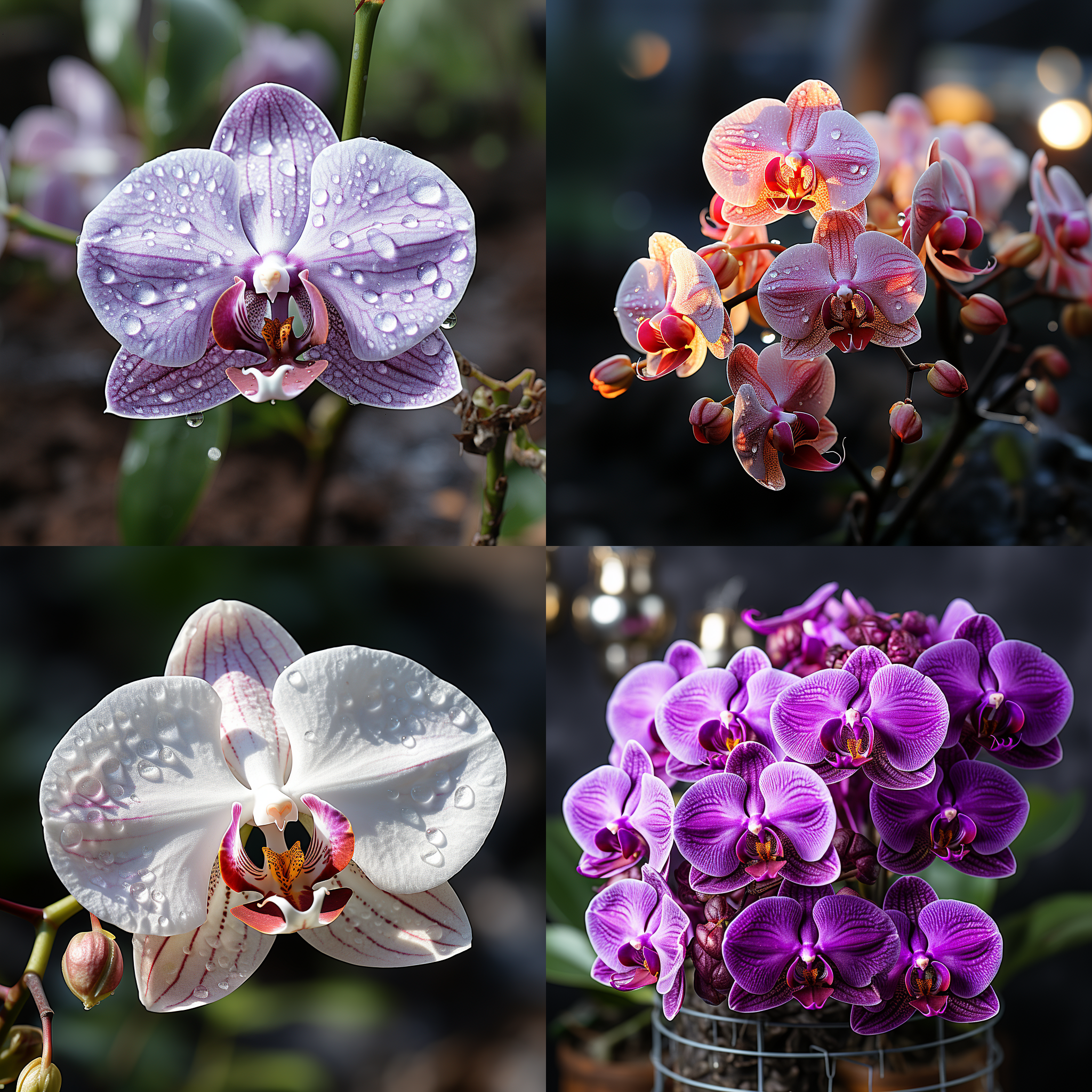 兰花盛开，一朵优雅的兰花绽放在深绿色的叶片间。构图对称，以花为主体，周围环境虚化。背景是一片宁静的花园，阳光透过树叶洒在花朵上，营造出柔和的光影效果。花朵颜色鲜艳，呈现出淡紫色调，给人一种高贵典雅的感觉。