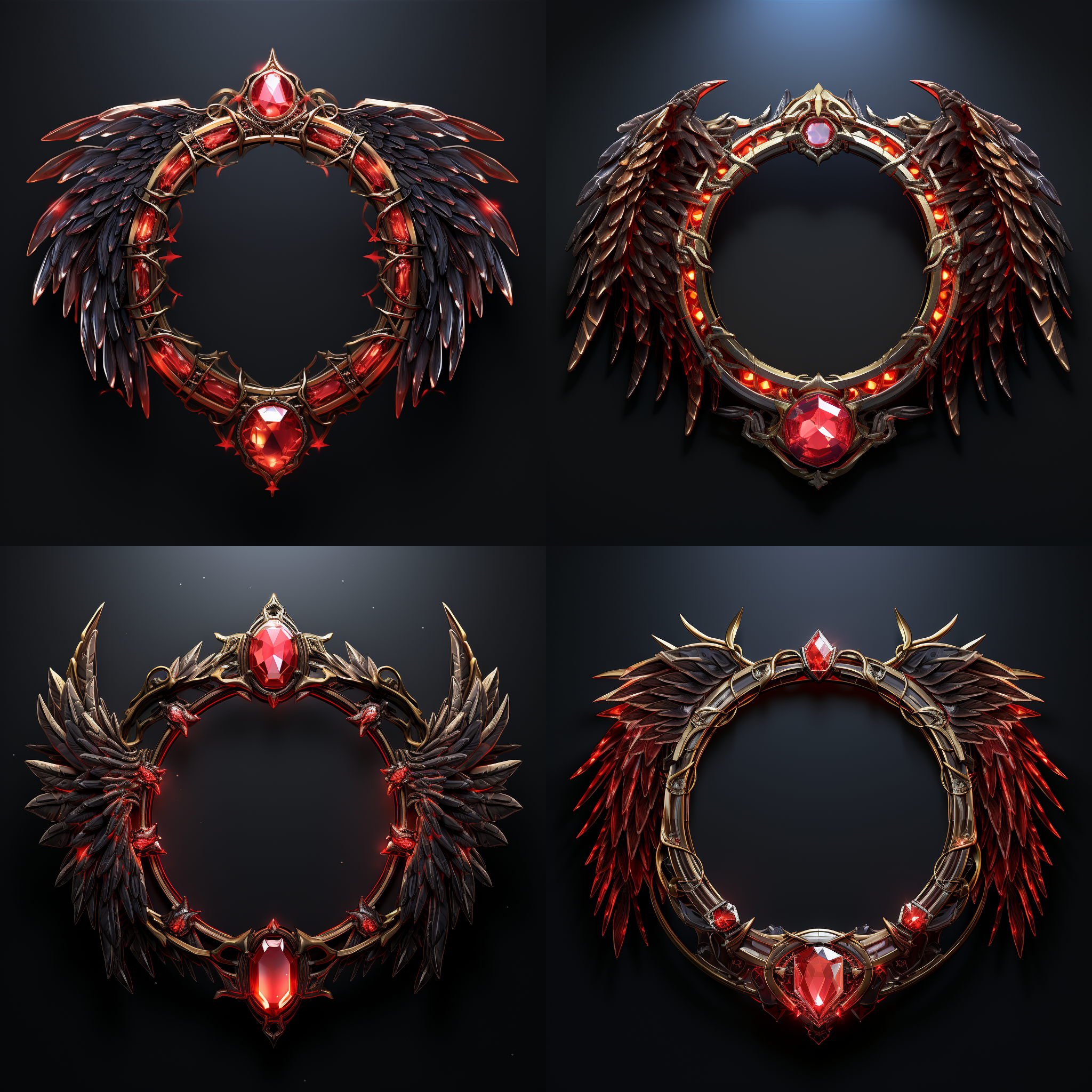 游戏方形头像框架，钻石装饰、翅膀装饰，黑色背景，红水晶、高度抛光、超级细致，金属，圣神，高贵，电镀镭射，曼陀罗，复古，黄金色，夸张的外表，细节雕刻，金色光影，头像框