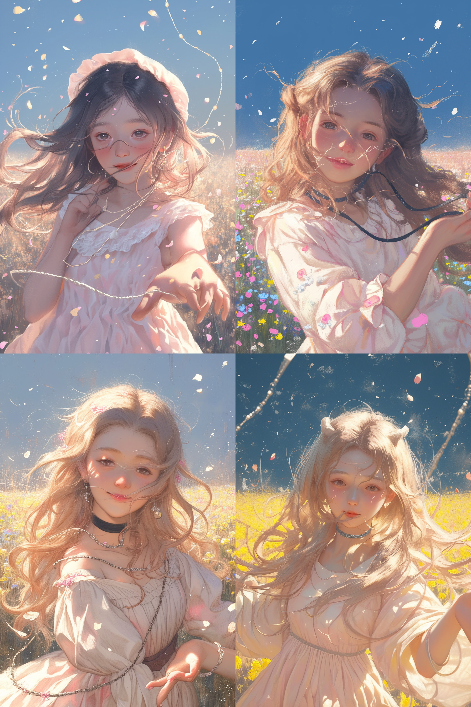 金牛座少女在春天的花海中跳舞，长发飘扬，身着柔和色调连衣裙，微笑灿烂。自然光线，柔焦背景，温暖色调，低角度视角，中焦镜头，优雅动作，花瓣飘落，喜悦神情。