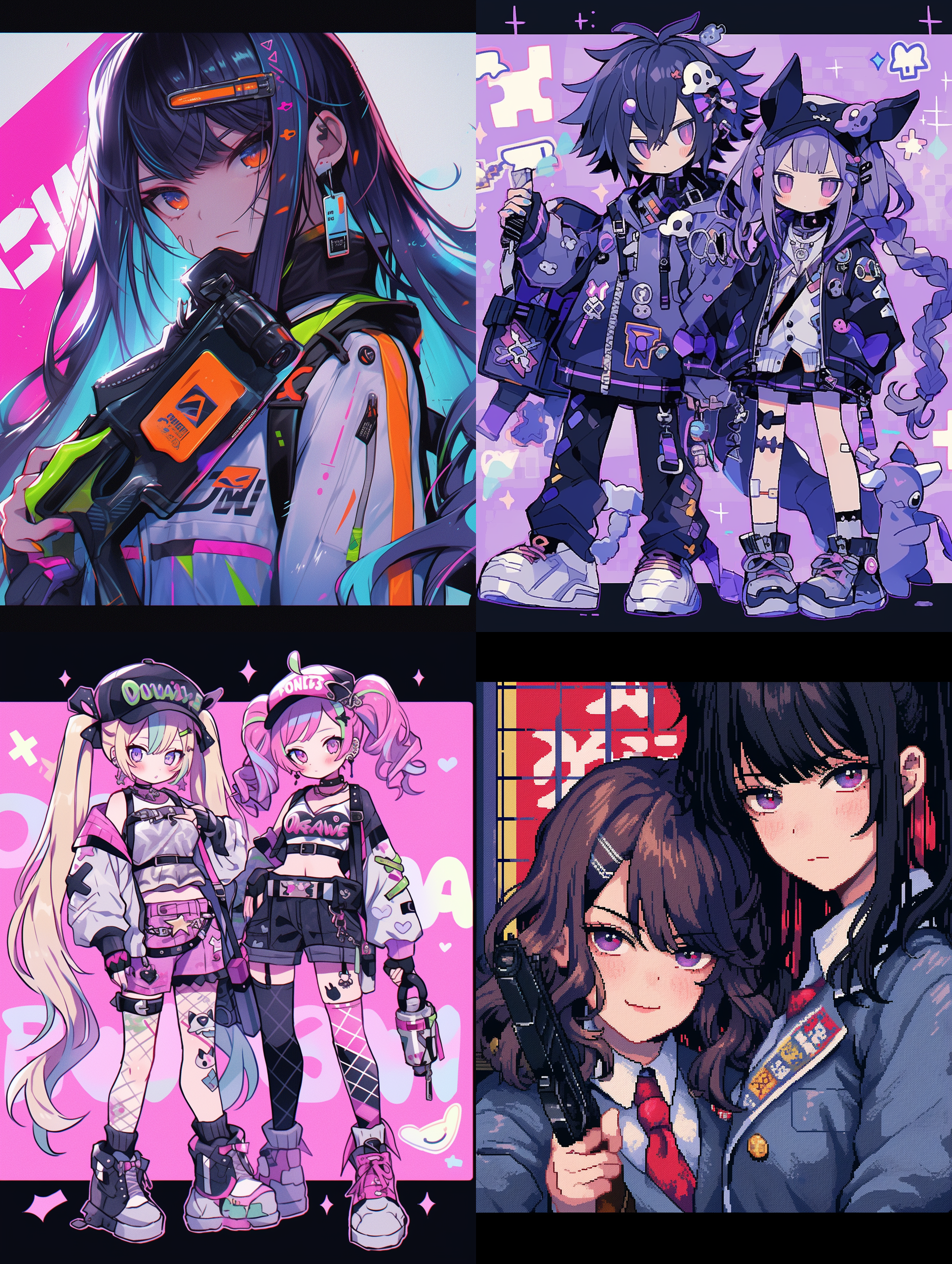 a girl with a gun and a girl with a gun in her hand and a purple background with a colorful design, vivid colors, poster art, ai-mitsu, synchromism 八比特