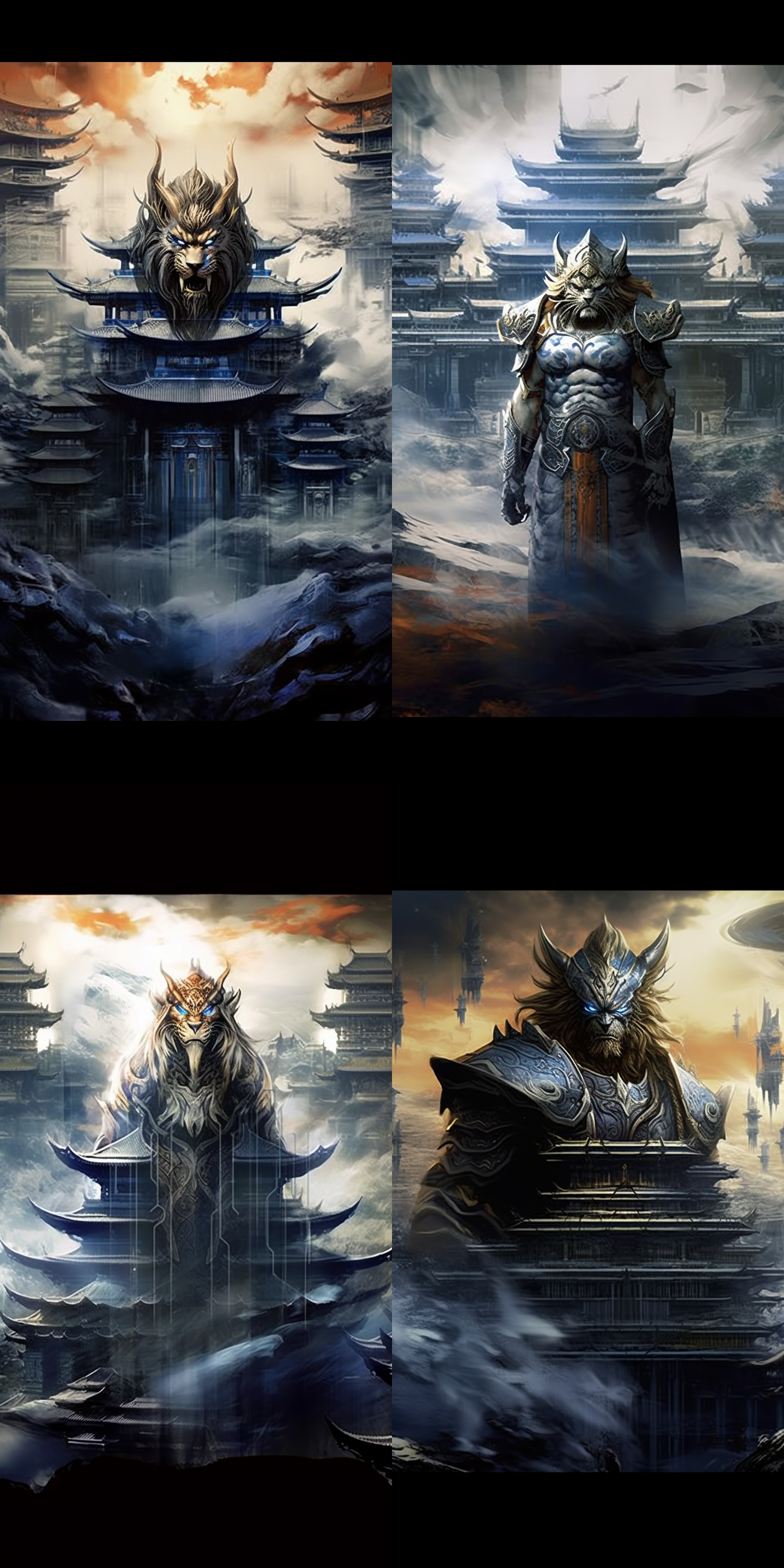 威武虎将漫画，面代凶光，人间仙境，神仙铠甲，水墨风格 虎将，水墨插图，神秘暗调，铠甲，古风，浓烈色彩，战斗姿势，威武霸气。