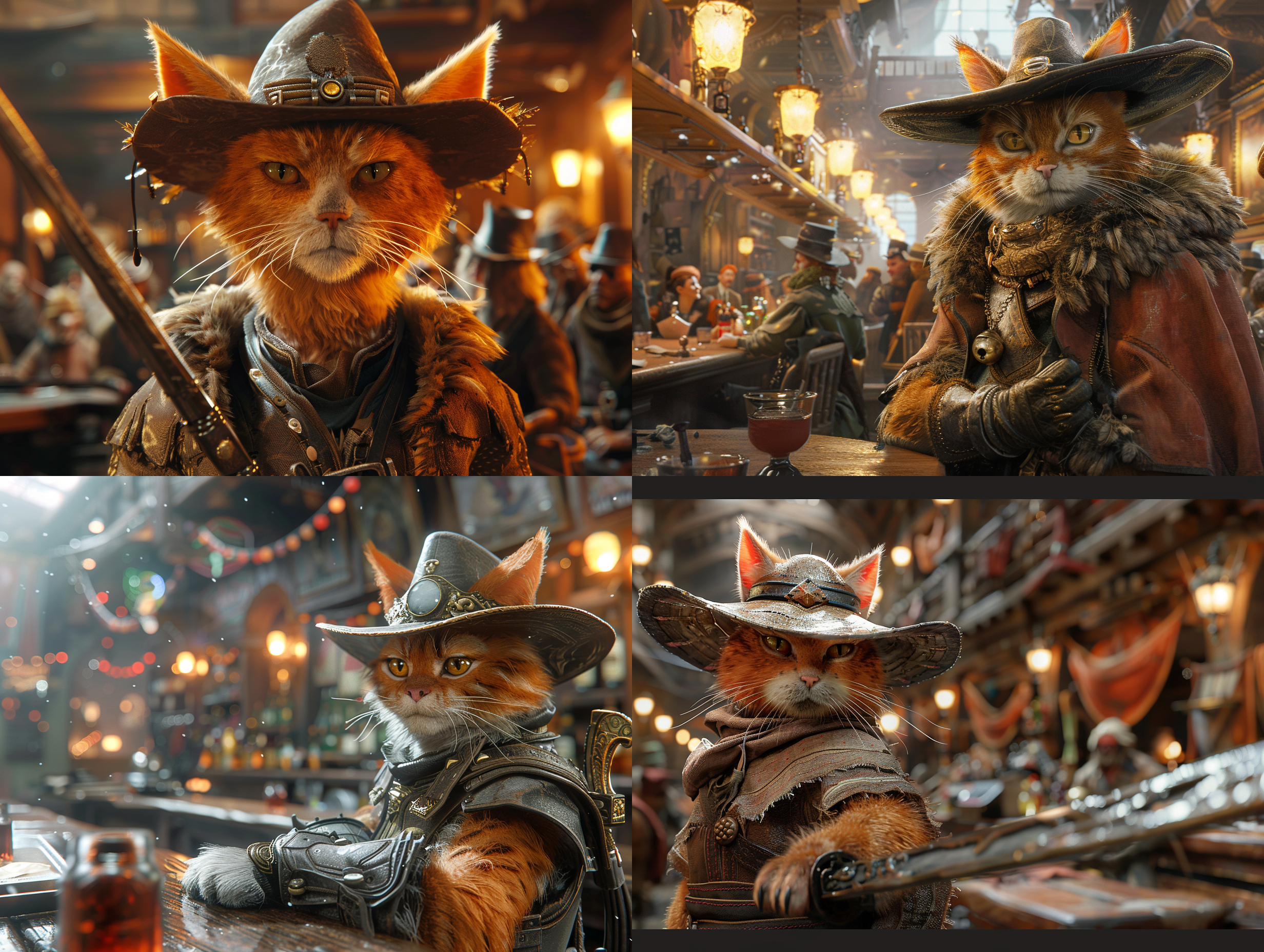 橘猫，戴插羽毛的宽檐帽，穿靴子，佩剑，在酒吧里面对着包围他的敌人，自信而狂放不羁的表情 虚幻引擎