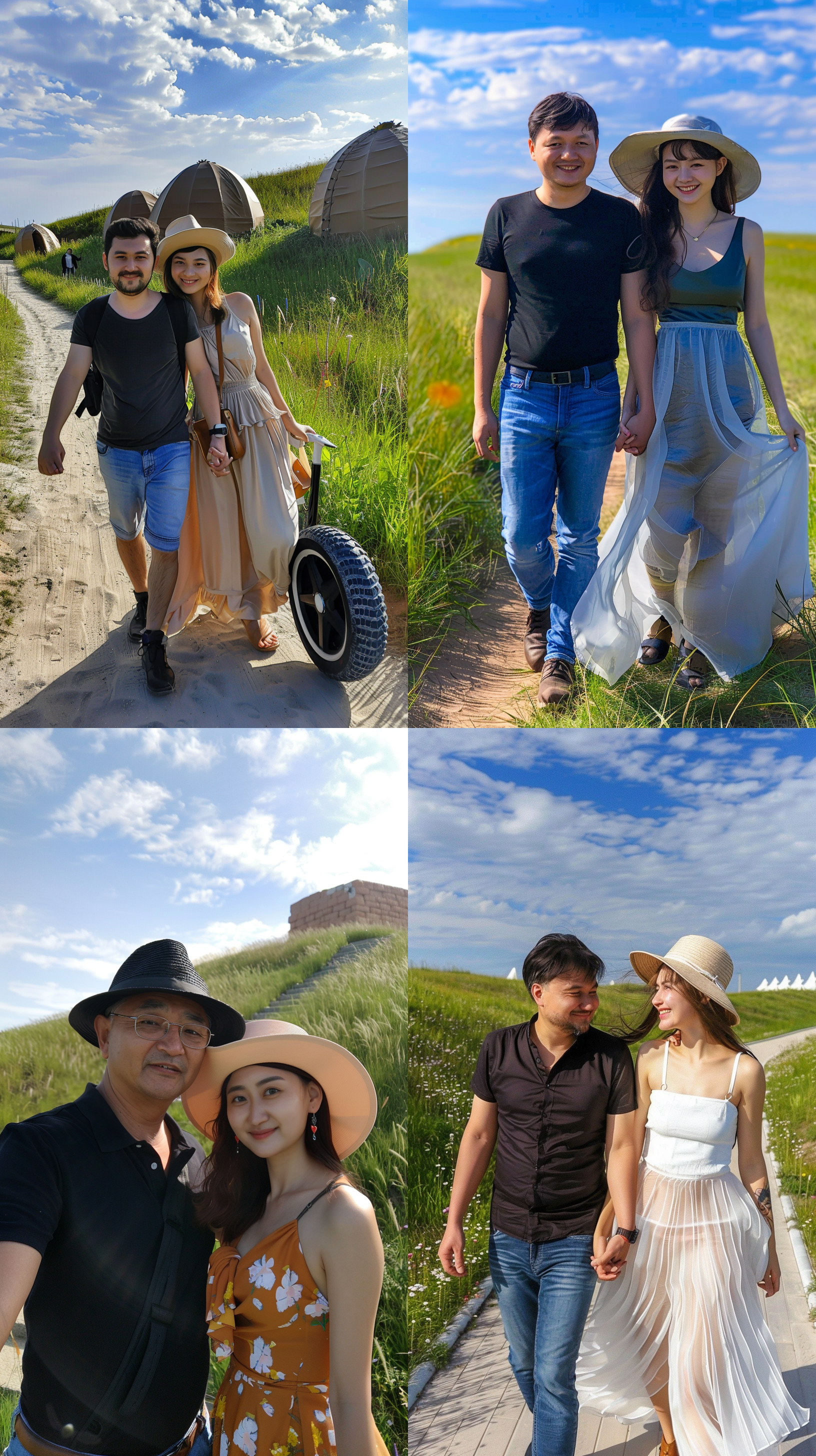 男人和女人在草原上，手牵手漫步。远处是广阔的绿色草原和蓝天白云。男人穿着深色衬衫和牛仔裤，微笑着，身体略微向前倾斜。女人穿着轻盈的长裙和宽檐帽，面带微笑，眼神温柔。风吹起他们的头发，捕捉到了他们幸福的瞬间。草原上的阳光洒在他们身上，营造出温暖而宁静的氛围。 手牵手，草原，蓝天白云，男人，女人，深色衬衫，牛仔裤，微笑，轻盈长裙，宽檐帽，风，幸福，阳光，温暖，宁静。 摄影纪实 草地 半身 太阳光 连衣裙 开心 头部特写