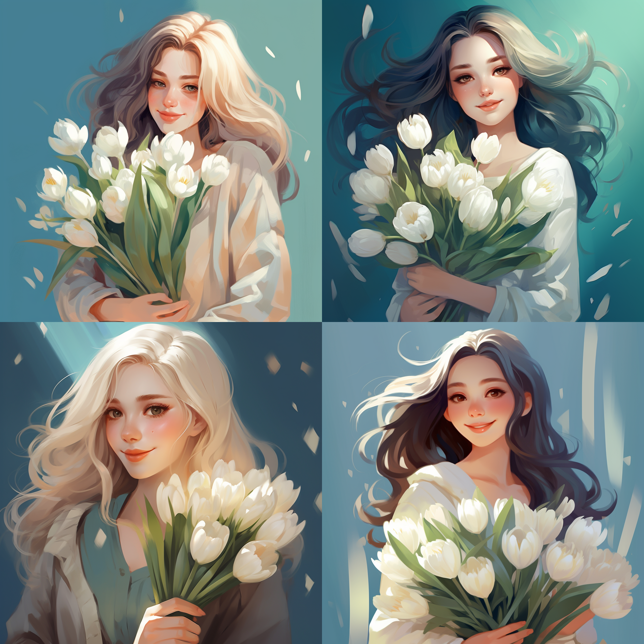 长发女孩手捧一束白色郁金香，扁平插画风格, 大特写, 明亮色彩, 柔和光线, 欢快表情, 漂亮, 蓝绿色调, 温馨, 欢乐。