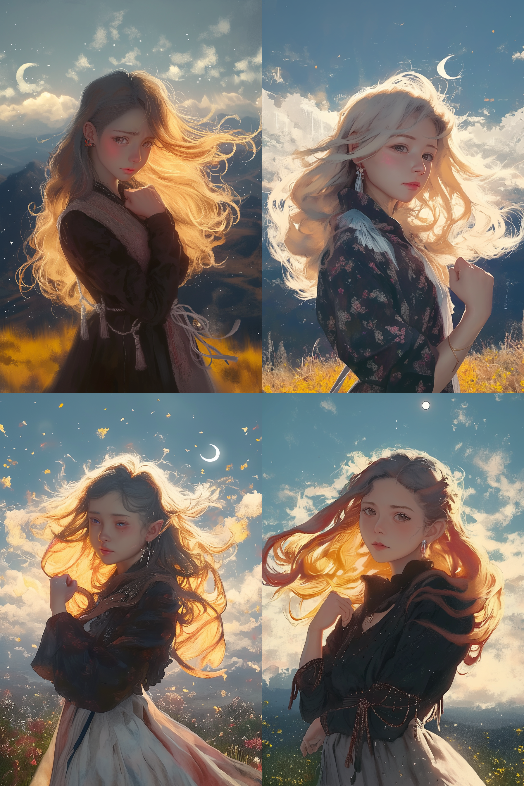 白羊座少女，站在山顶，迎着朝阳，长发飘动，穿着流苏连衣裙，笑容灿烂，双手握拳，展现自信。逆光拍摄，暖色调，长焦镜头，高角度视角，自然光，动作优雅，充满活力，自由。