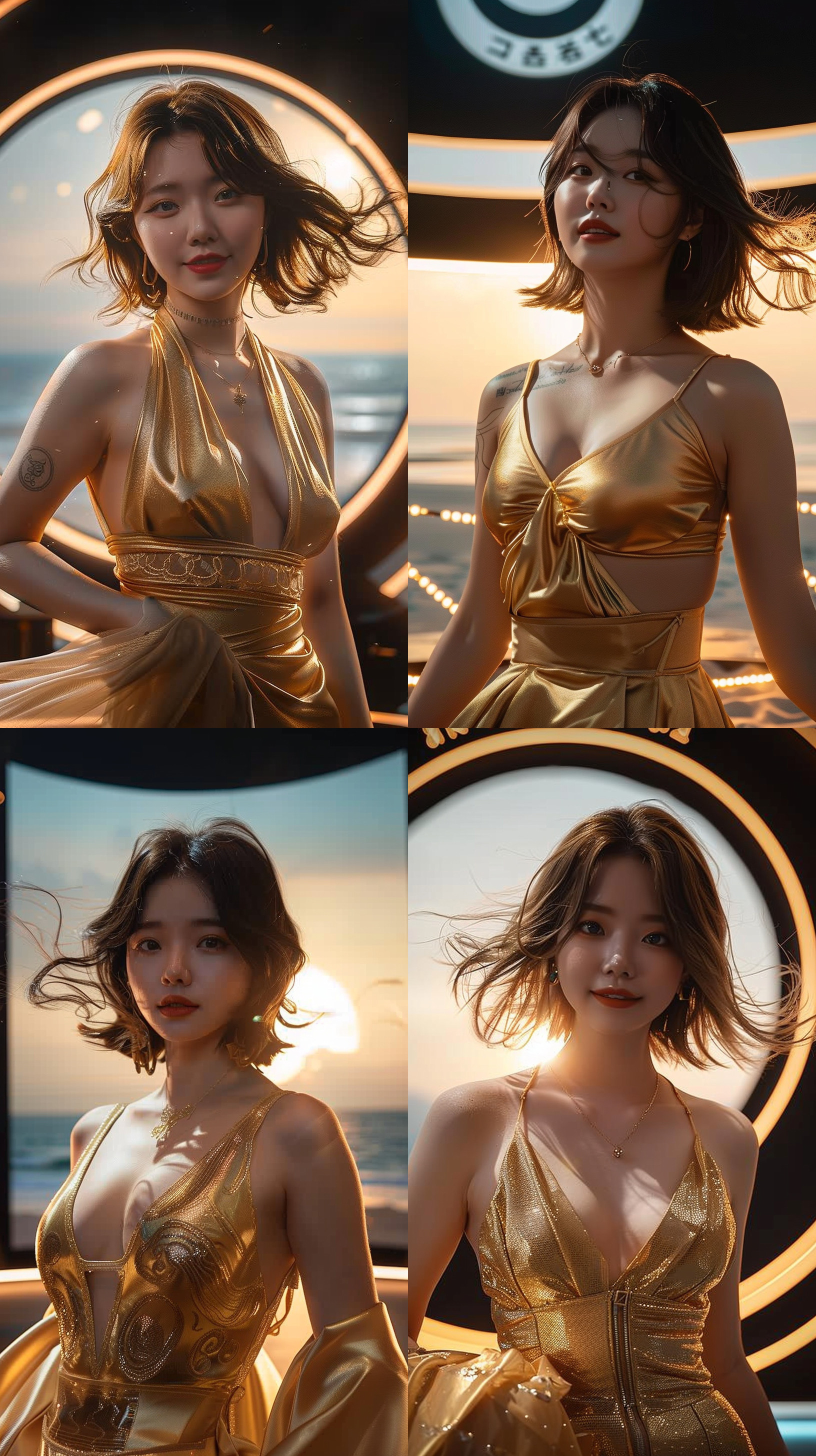 年轻美女，金色服装，沙滩上，日落背景，柔和光线，长焦镜头，优雅姿态，微笑，风吹发丝，温暖色调，幸福喜悦。