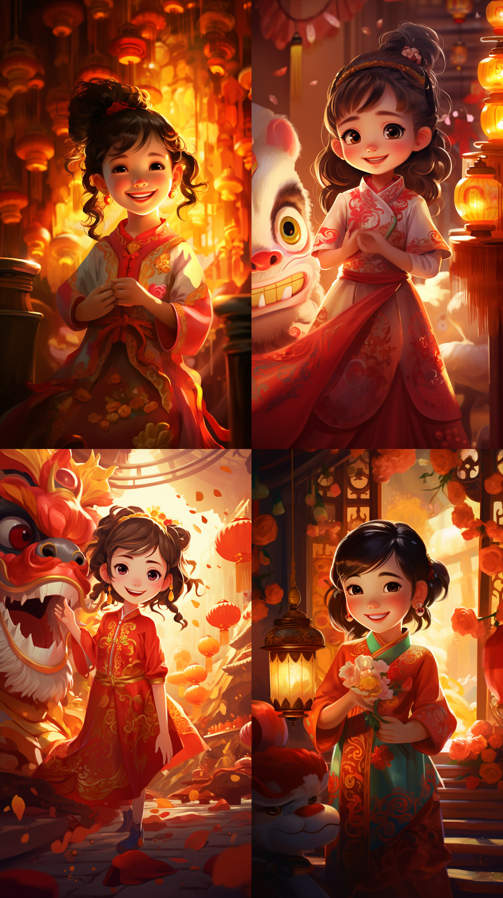 卡通，中国龙，女孩。女孩身穿传统汉服，面带微笑，与身旁栩栩如生的中国龙合影。明亮色彩，细节丰富，童趣十足。插画风格，逆光拍摄，温暖光影，活泼愉悦。