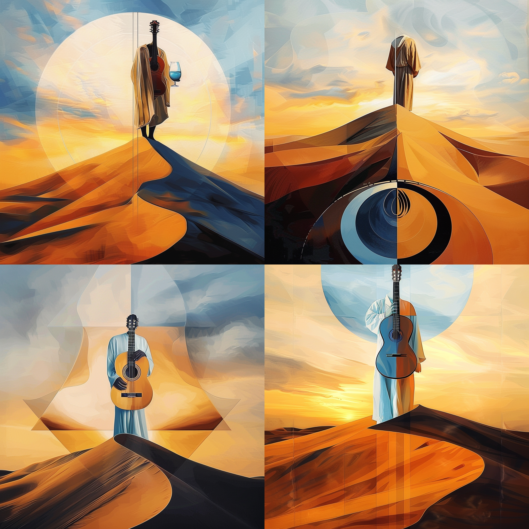 沙漠中的孤独旅行者，站在沙丘之巅，远眺日落余晖。穿着长袍，面带微笑，周围只有金黄色的沙漠和橙色的天空。富有情感，寂静，温暖色调，低角度视角，长焦镜头，柔和侧光，放松。