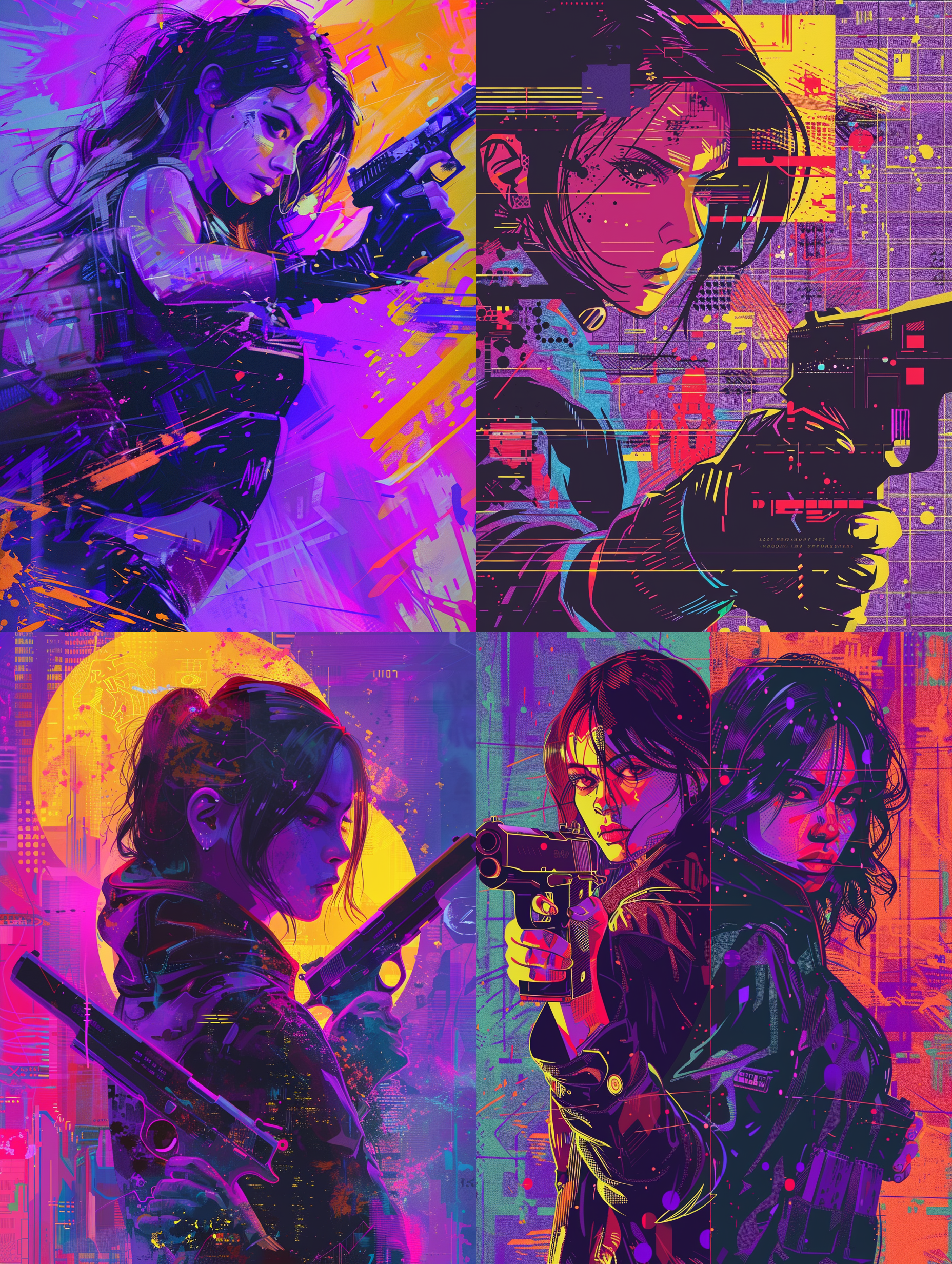 a girl with a gun and a girl with a gun in her hand and a purple background with a colorful design, vivid colors, poster art, ai-mitsu, synchromism 八比特