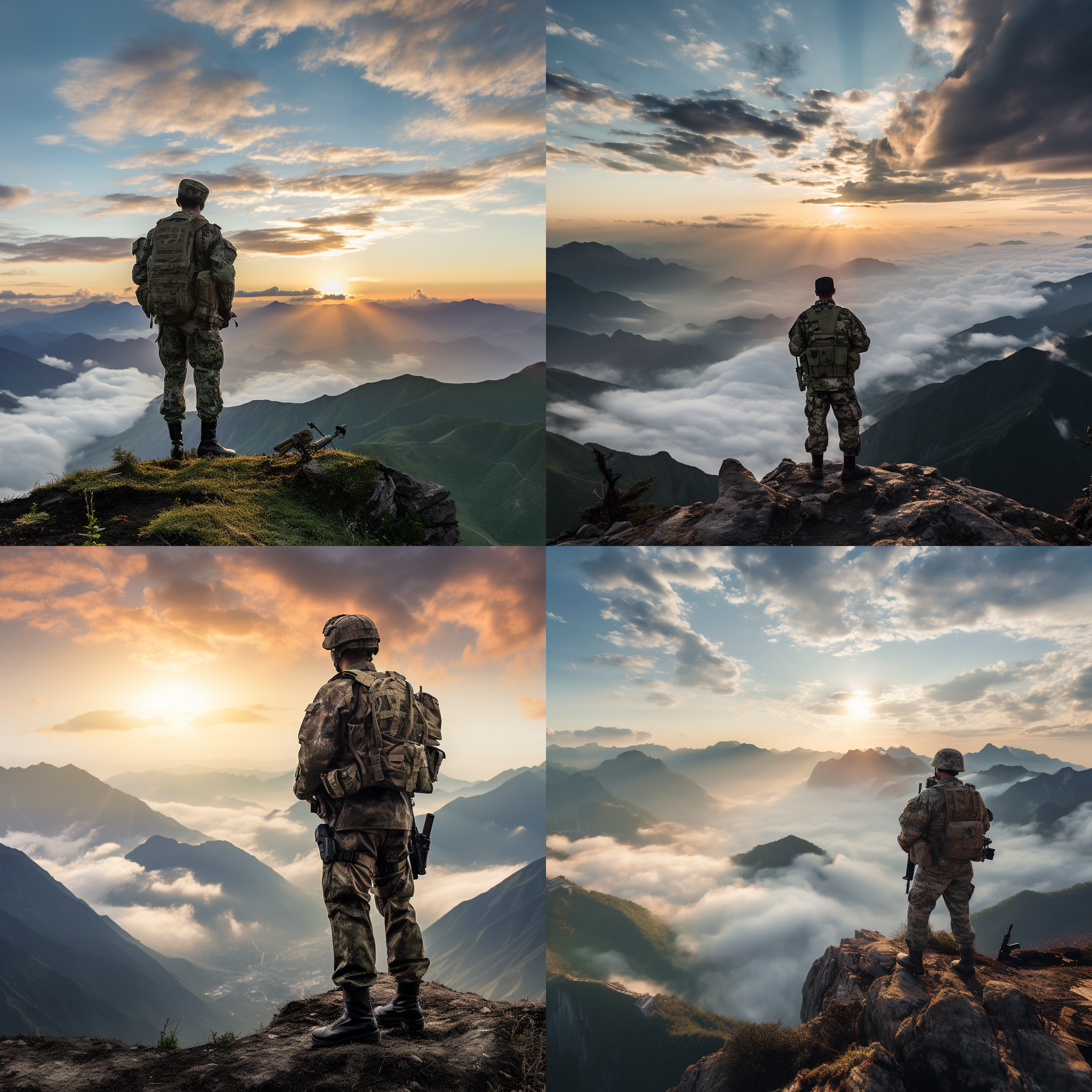 一名中国军人，身穿迷彩军装，站在山顶上。他背对着相机，迎风而立，手持步枪，目光坚定。大气磅礴的山脉和云海构成了壮丽的背景，给人以无限力量感。风吹动他的头发和军帽，展现出他的英勇和决心。远处的夕阳映衬着整个画面，给人一种温暖和希望的感觉。 军人，迷彩军装，山顶，背对相机，步枪，目光坚定，大气磅礴，山脉，云海，力量感，风吹动头发，军帽，英勇，决心，夕阳，温暖，希望。