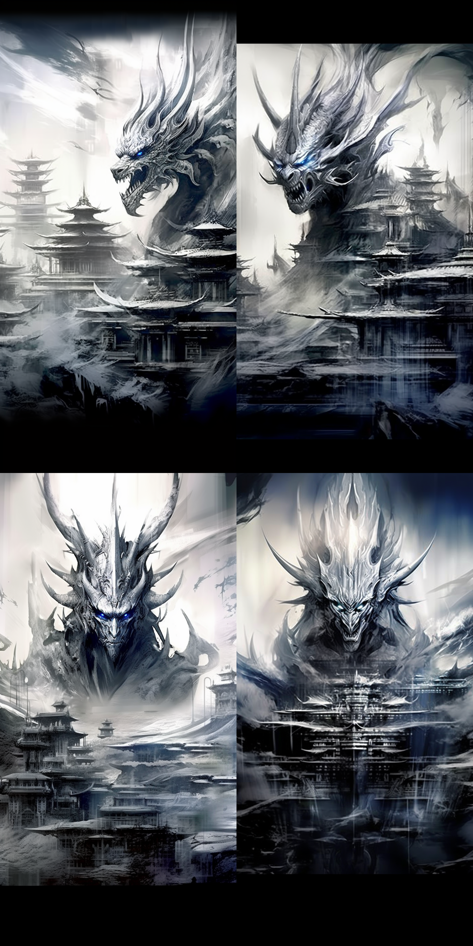 龙头猛将漫画，神仙铠甲，人间仙境，水墨风格，面露凶光，高饱和度，全景视角，动作凌厉，黑白色调，英勇，神秘。