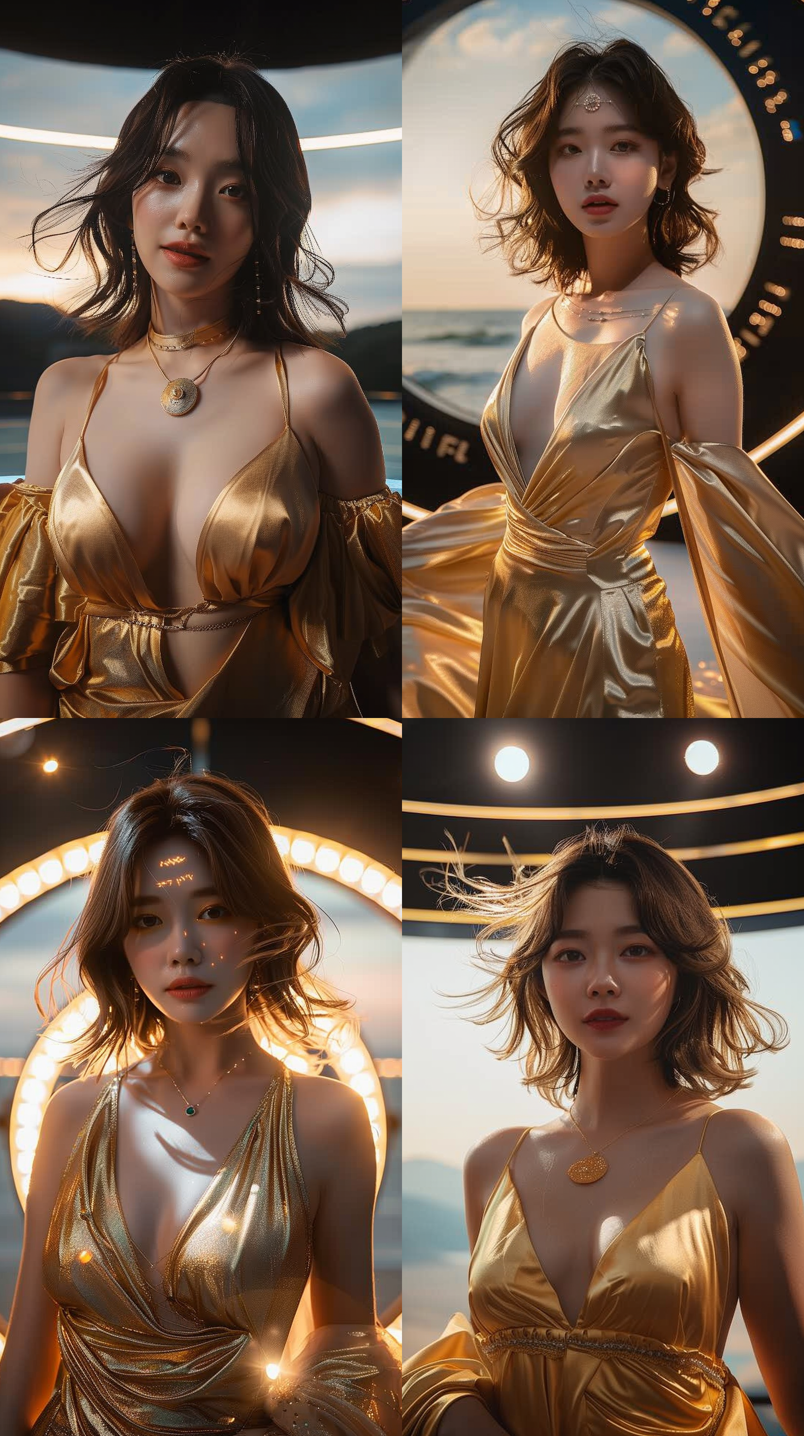 年轻美女，金色衣服，沙滩上，日落时分，柔和光线，长焦镜头，风吹发丝，微笑，温暖色调，优雅。