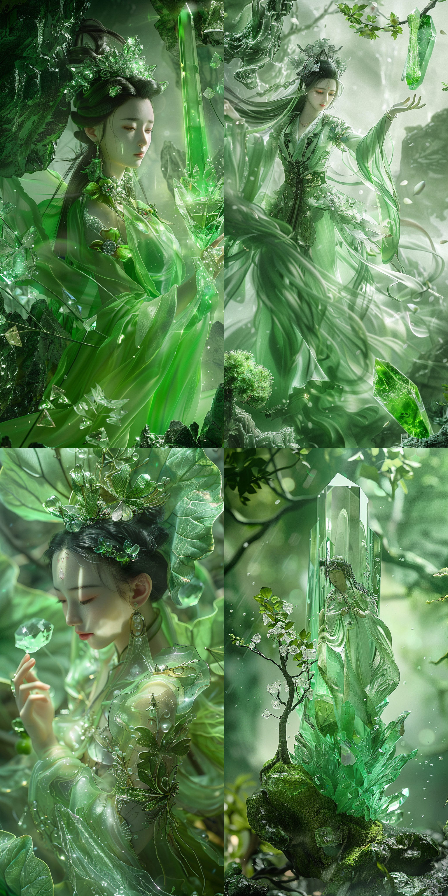 立春水晶字，透明画面，全景镜头，细节丰富，清晰度高，自然光，绿色调，静态美感。