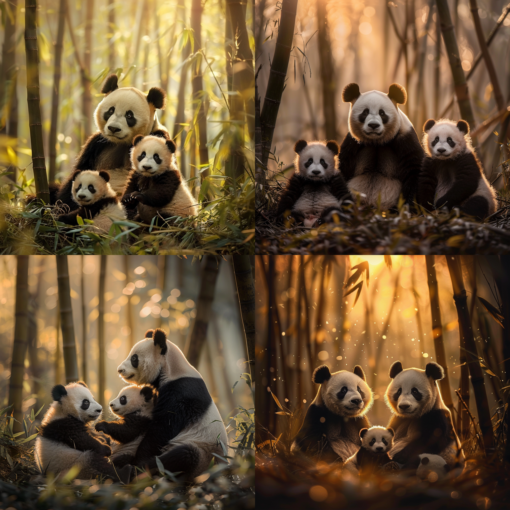 熊猫一家，三只熊猫坐在竹林中，迎着晨光。父母熊猫都是黑白色的，宝宝熊猫有着柔软的白色毛发和黑色斑纹。照片采用自然风格，景深浅，突出熊猫的表情和细节。竹林给照片增添了自然氛围，暖色调突出温馨感。焦距较长，让观众能够清晰看到熊猫一家的可爱模样。