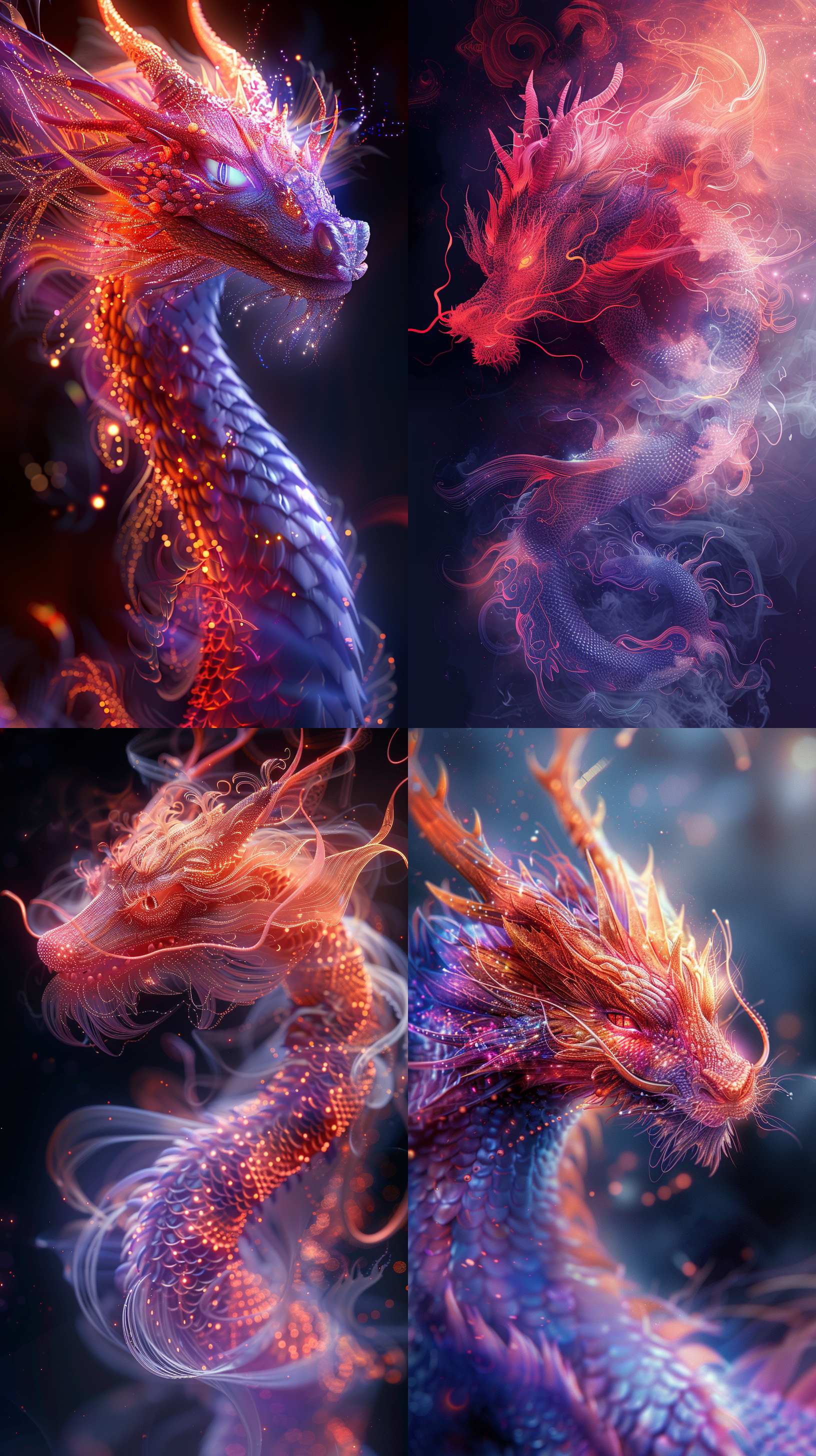 半透明东方神龙，细致线条构成，发光点缀，数字化外观，逼真外观，抽象光线拉丝网络，高亮度，数码风格，光影效果，紫红色调，神秘感，全景镜头