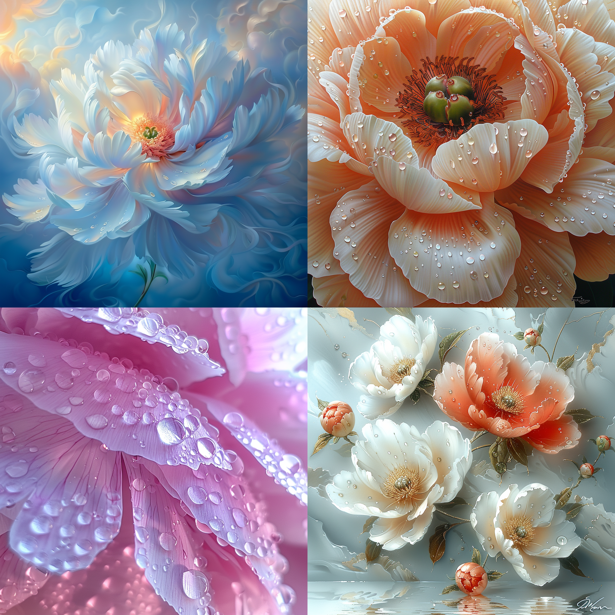 牡丹绽放，特写拍摄，细致纹理，花瓣间的露珠，明亮逆光，鲜艳色彩，柔和对比，静态，优雅。