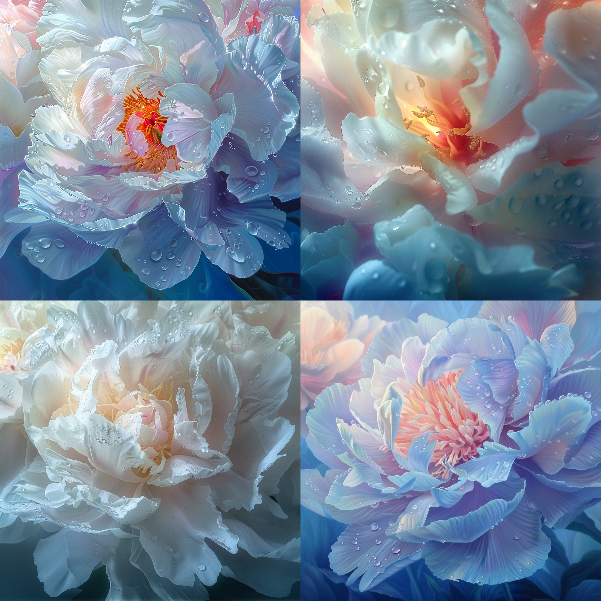 牡丹绽放，特写拍摄，细致纹理，花瓣间的露珠，明亮逆光，鲜艳色彩，柔和对比，静态，优雅。