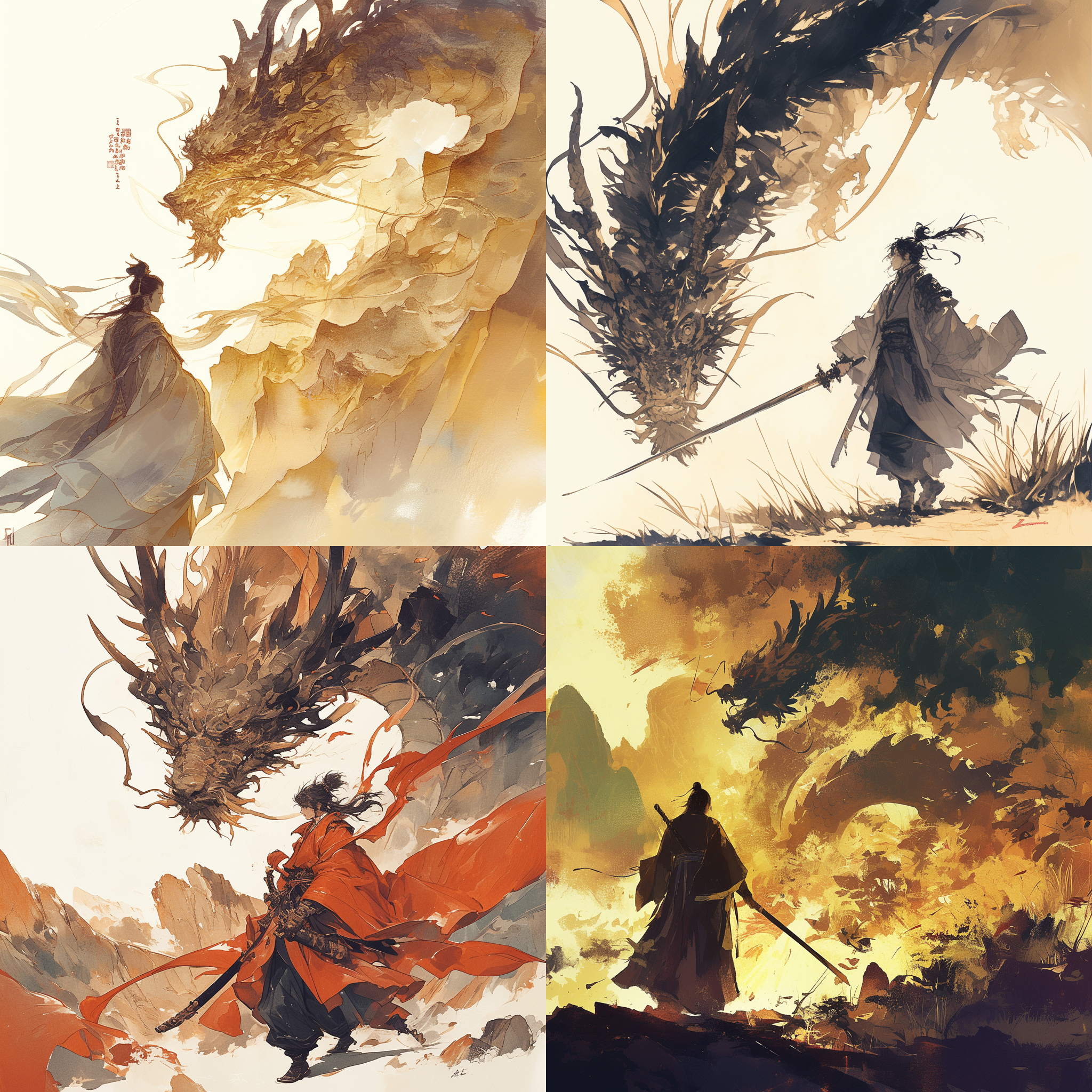 屠龙者行走在中国风风景中，身着古代战袍，面带微笑。对角线构图，细腻线条，暖色调，水墨画效果，宽幅镜头，侧光，静态，龙的影子，屠龙后绩，深沉情感。