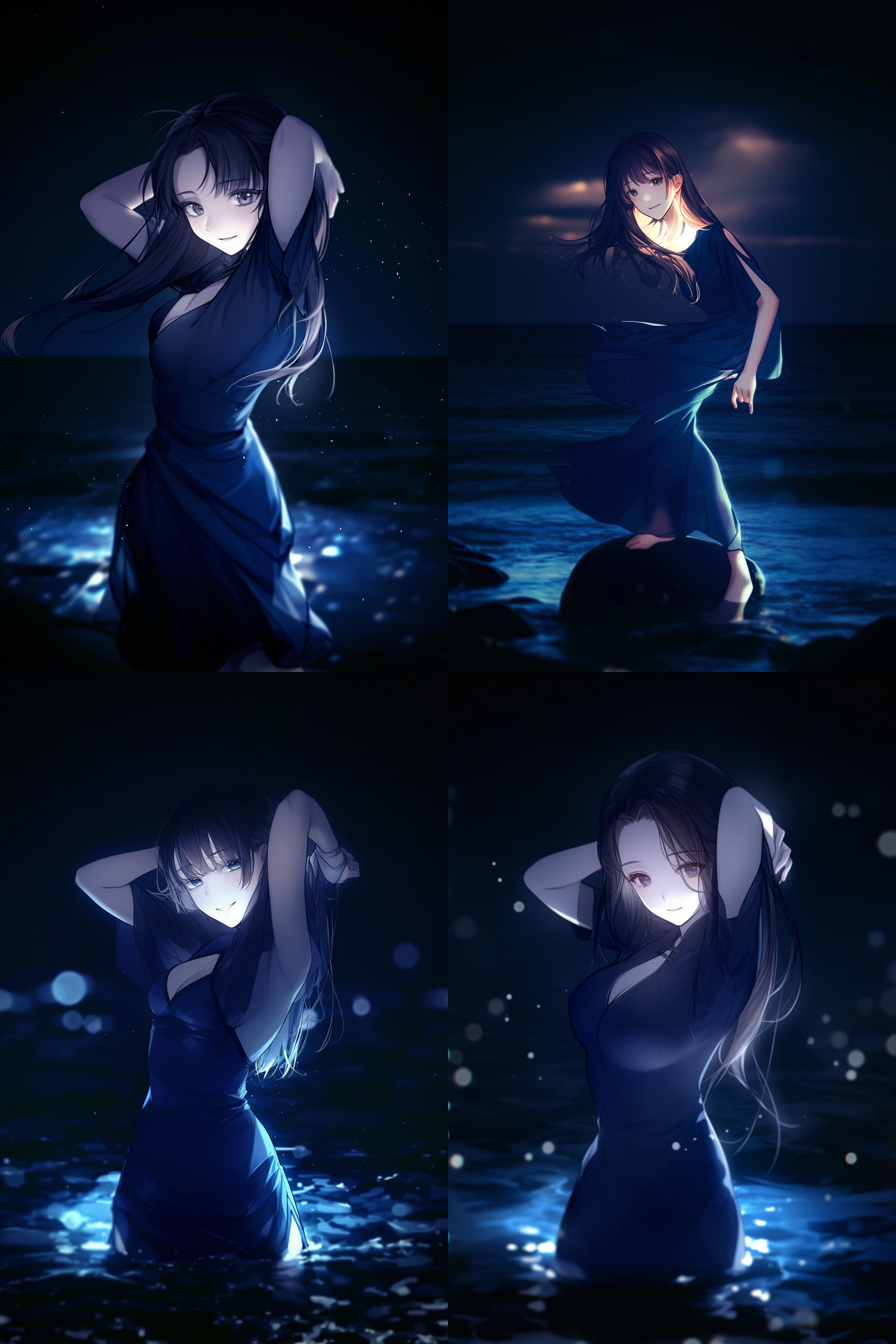 优雅转身，绚丽背景，海边，逆光拍摄，水面映射，多彩色彩，自信。旗袍，长发披肩，微笑。