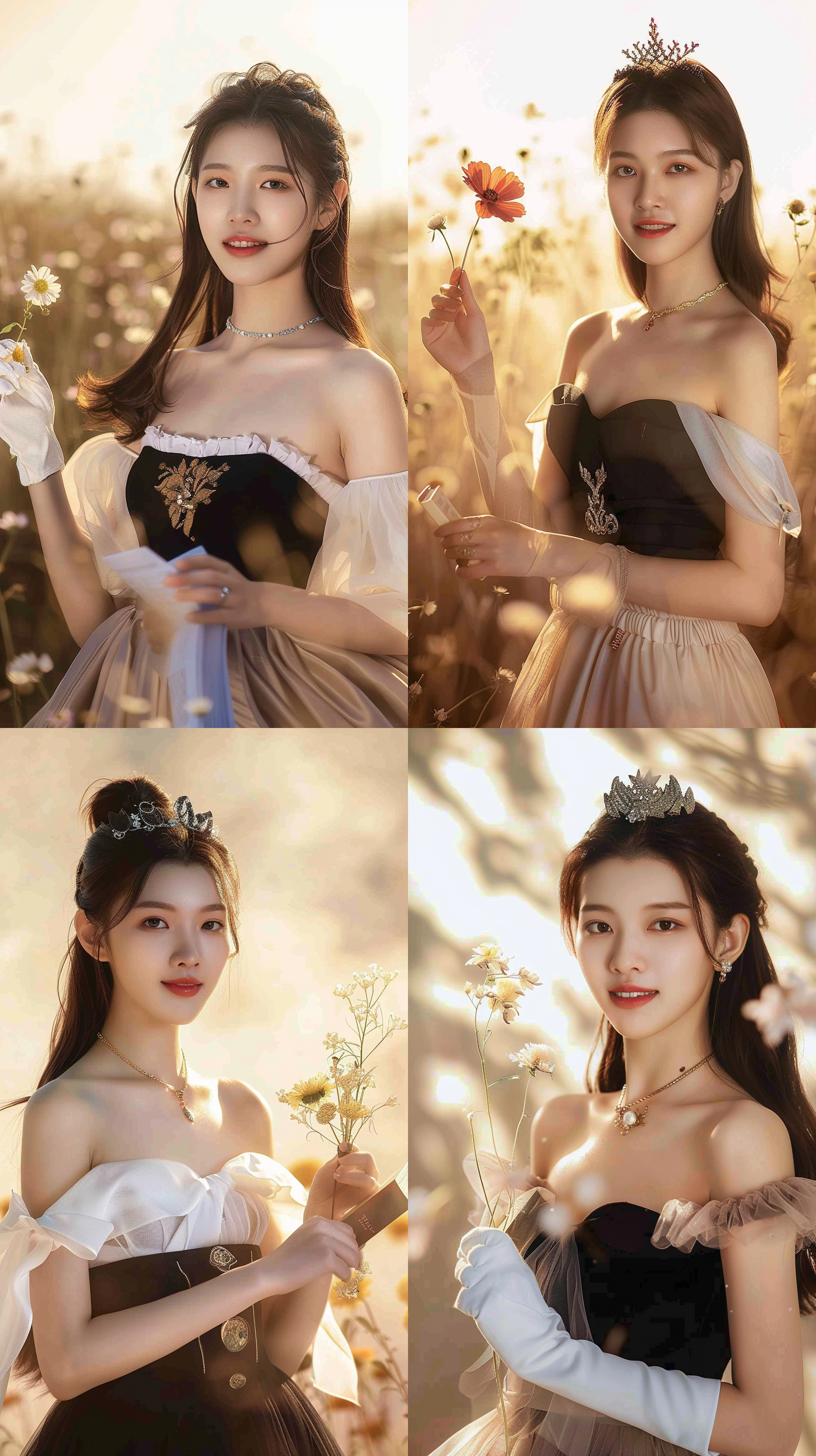 年轻美女，花海中，清晨阳光照耀下，身着飘逸长裙，微笑着，手中拿着一朵绽放的鲜花，另外一只手拿着一本书。柔和色调，浅景深，人物特写，自然光线，自然动作，温暖，欢快。 花海, 清晨, 长裙, 微笑, 绽放, 书, 柔和色调,浅景深, 特写, 光线, 动作, 温暖, 欢快.