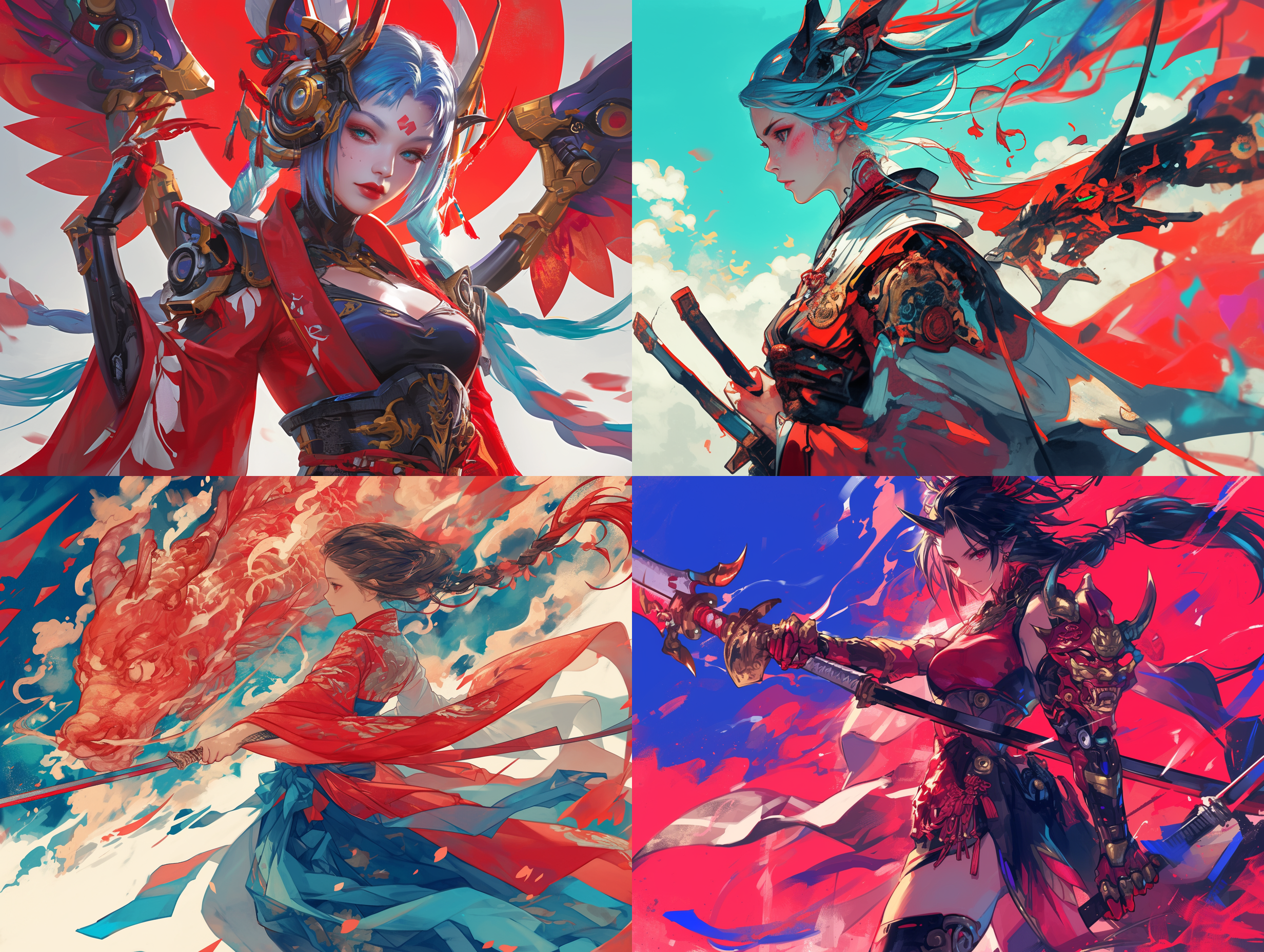 美丽，幻境，英姿飒爽，东方女子，红蓝色调，机甲风格