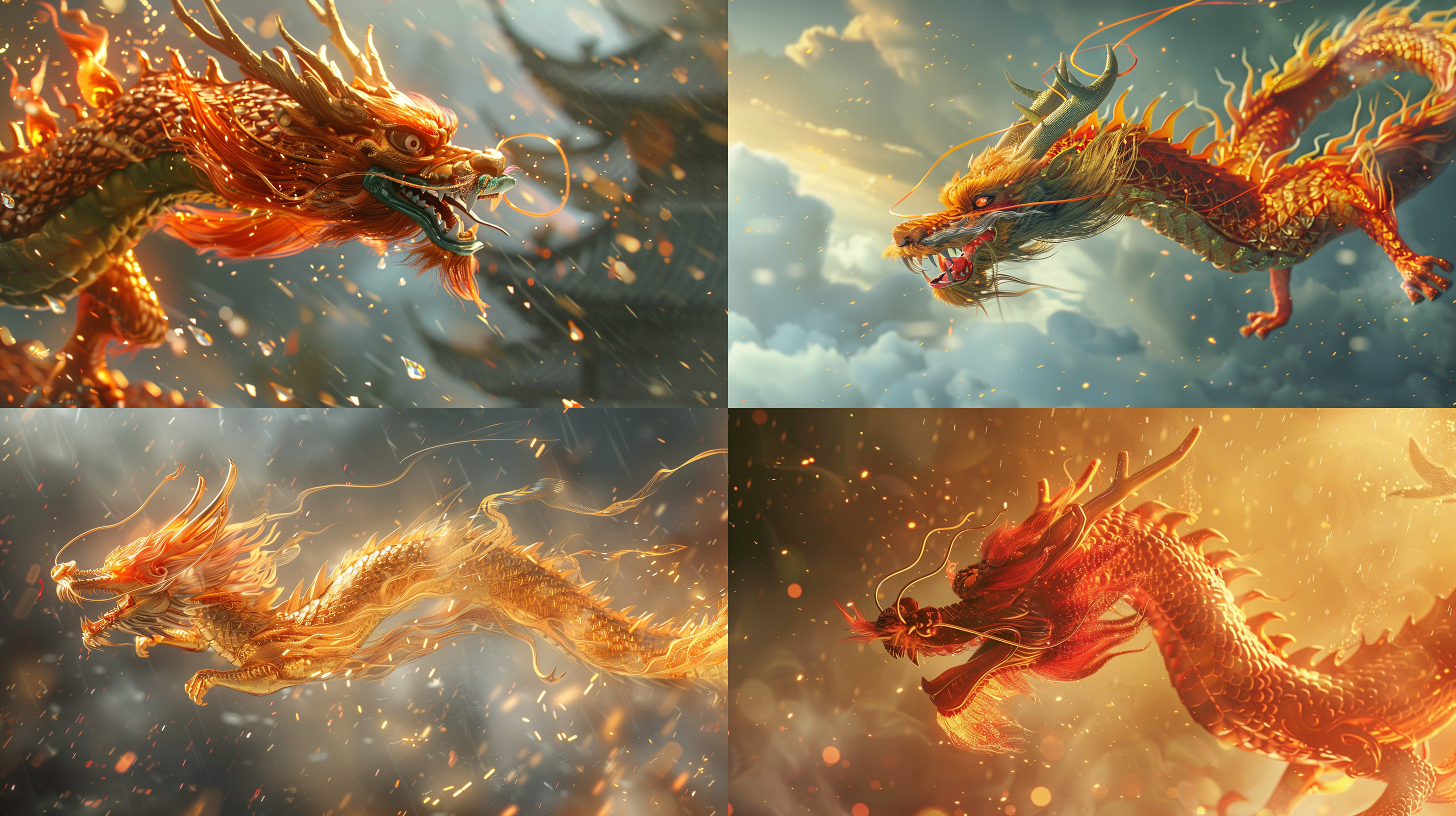 可爱的中国龙在天空中飞翔，强壮有力，粗壮的身材，卡通风格，3d渲染，4k超高清，细节丰富，侧视图展示，ip设计，金红色，充满活力 ，小雨微风背景