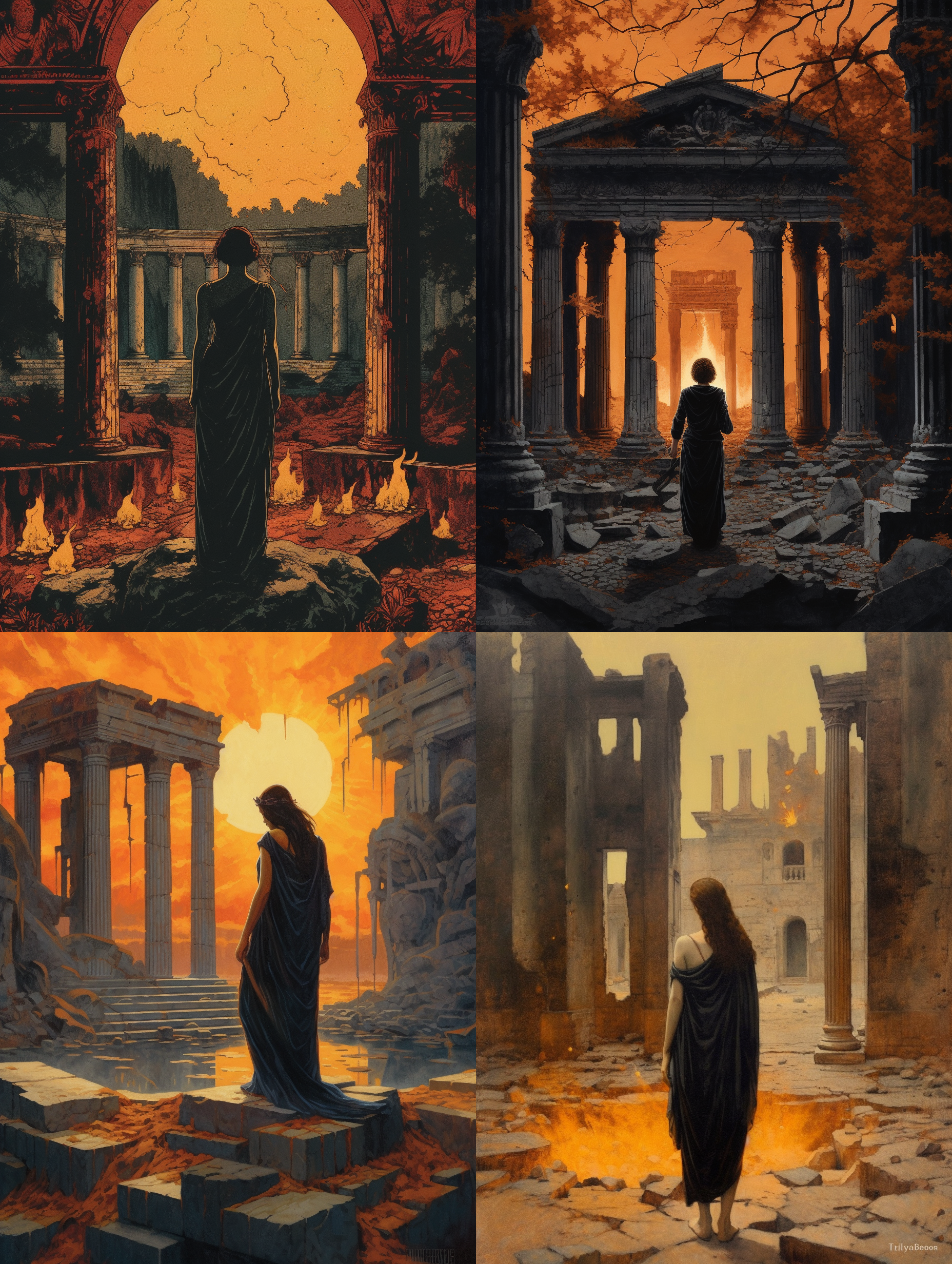 一位端庄的女士，栗色头发，黑色的古希腊长袍，眼睛被黑布条蒙住，面前是火焰祭坛，背景是古希腊神庙的废墟，版画风格