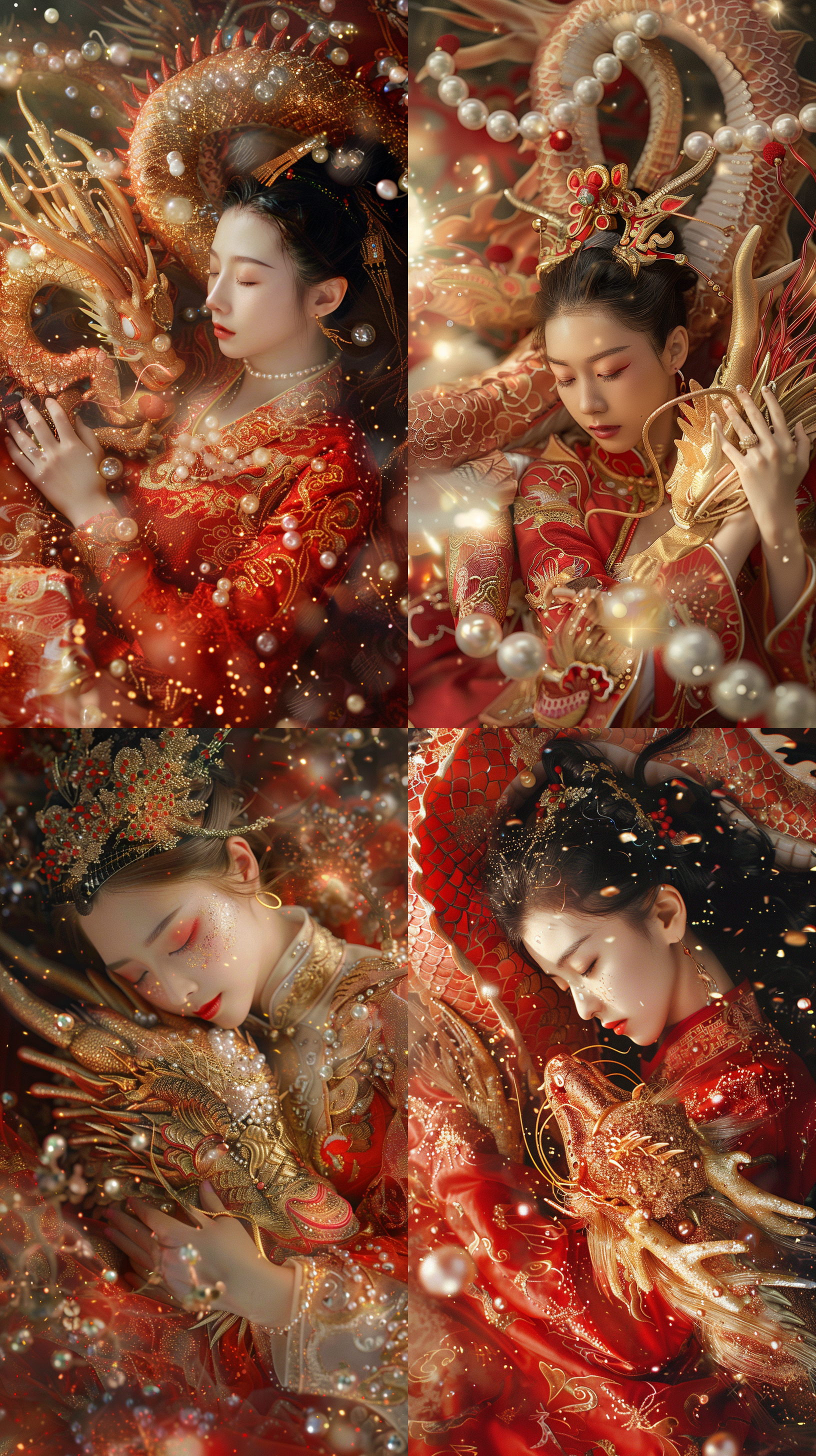 杰作摄影，俯视图，a 中国公主拥抱meqalophobia 龙，透明pvc材料，红金色 色彩，精致，悬浮，洒金尘，到处洒金，巨大的珍珠，皇家，华丽，唐 王朝风格，电影灯光，梦幻般的 urrealism，bokeh，超现实主义，真实感 细节。4k，8k，16k，hdr，最佳质量，超细节