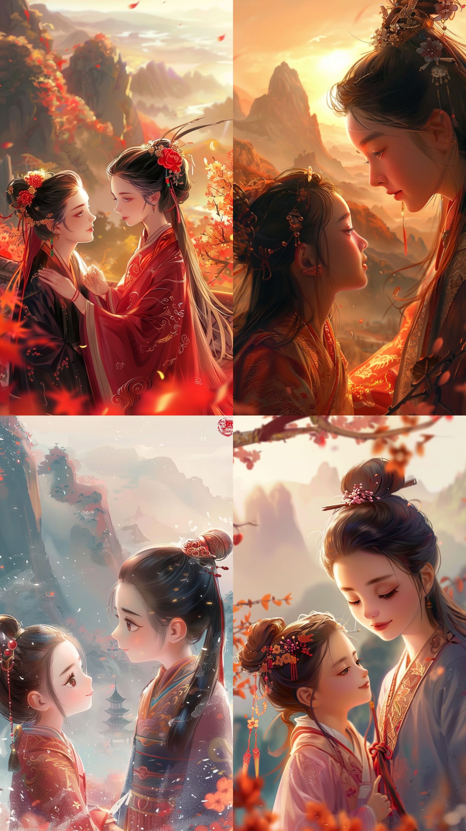 中国龙与女孩，古风卡通风格，山脉背景，女孩穿着传统汉服，细致面部表情，色彩鲜明，温暖色调，适中光线，镜头特写，欢乐互动，神秘氛围。