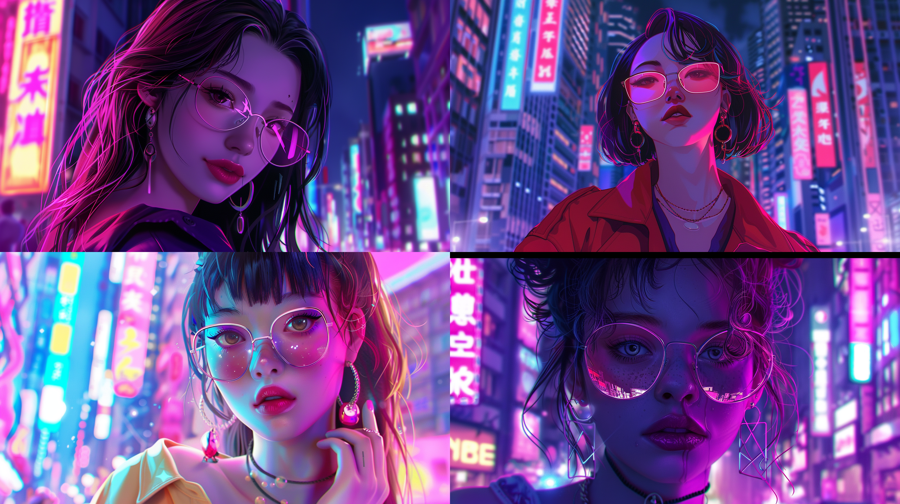 动漫风，艳大方的少女，城市霓虹灯下，高楼大厦背景。时尚服饰，夸张耳环，自信微笑。广角镜头，捕捉活力青春。鲜艳色彩，强对比，充满动感活力，展现魅力自信。海报风格，宣传海报。