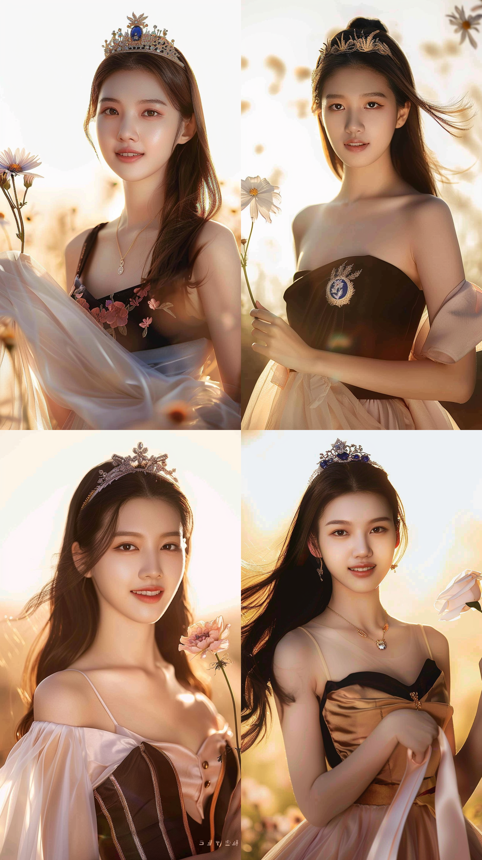 年轻美女，花海中，清晨阳光照耀下，身着飘逸长裙，微笑着，手中拿着一朵绽放的鲜花。柔和色调，浅景深，人物特写，自然光线，自然动作，温暖，欢快。