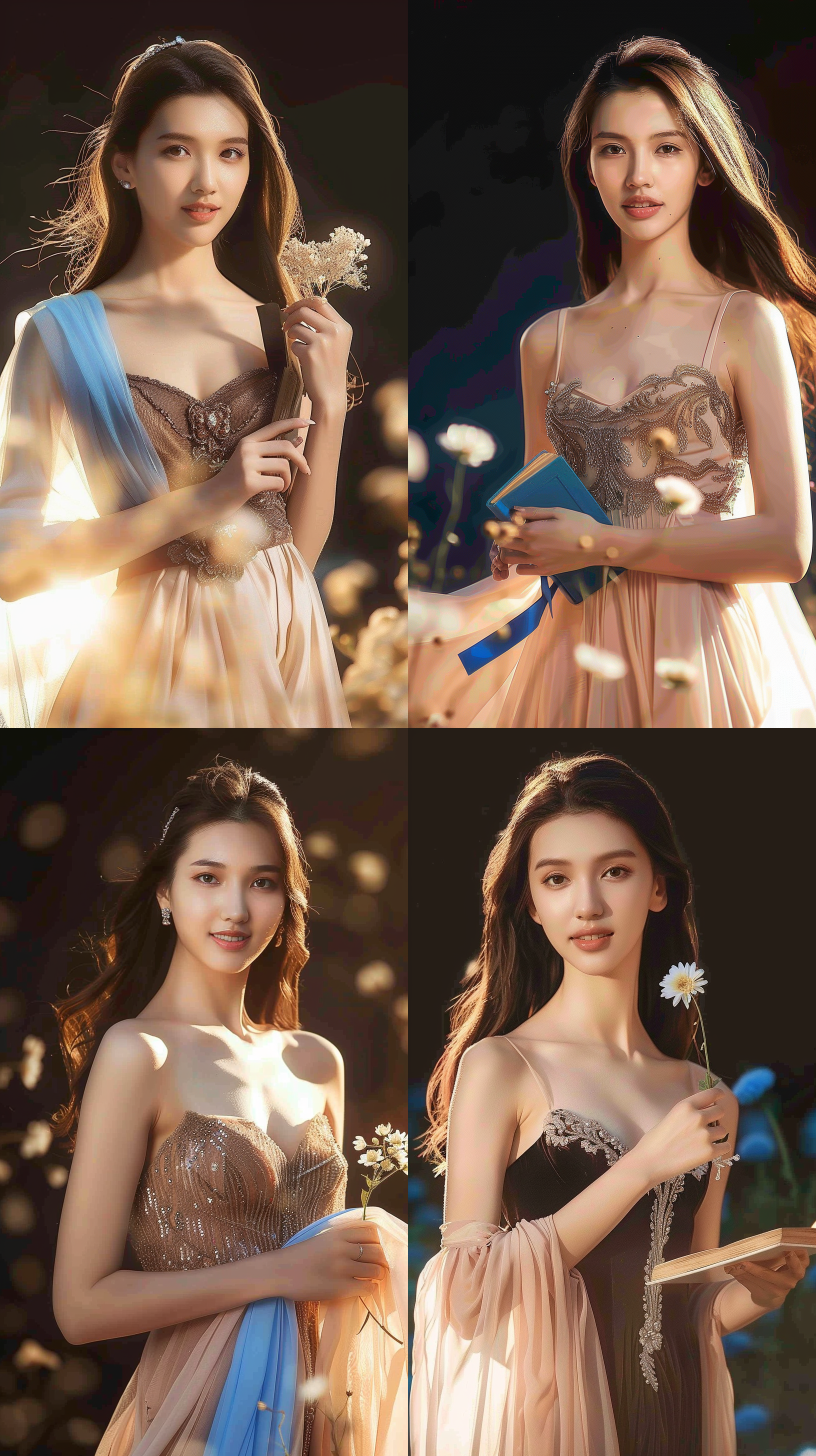 年轻美女，花海中，清晨阳光照耀下，身着飘逸长裙，微笑着，手中拿着一朵绽放的鲜花，另外一只手拿着一本书。柔和色调，浅景深，人物特写，自然光线，自然动作，温暖，欢快。