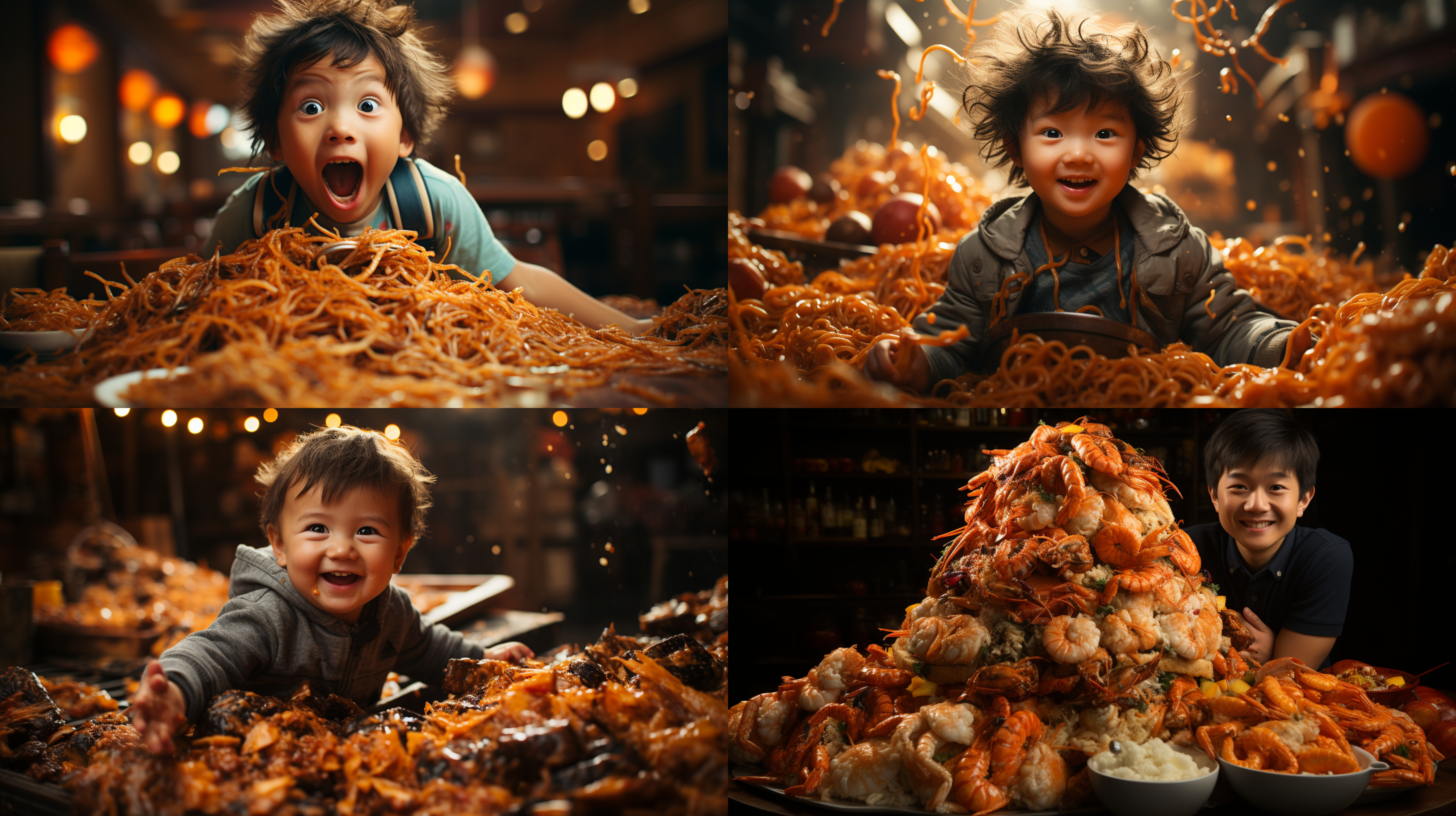 婴儿坐在食物里，中国婴儿，特写，夸张，食物，宽镜头，1个婴儿，杰作，最好的质量