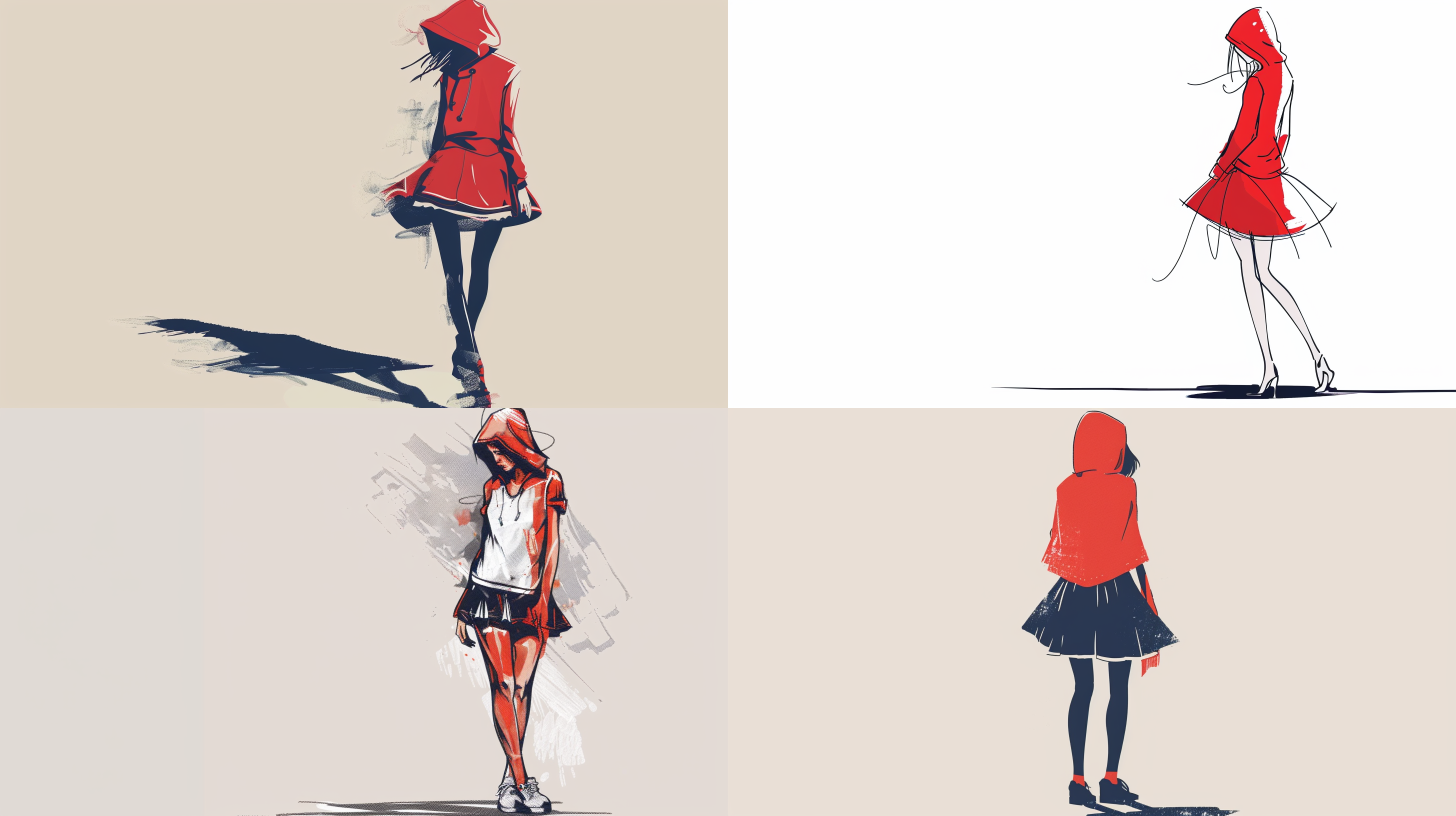 一个穿着红色连帽短裙的高个子女孩，动态姿势，素描线条，优雅的线条，手势，抽象，疯狂，极简主义，简单，米色，海军蓝，灰色，居中，纯白背景。