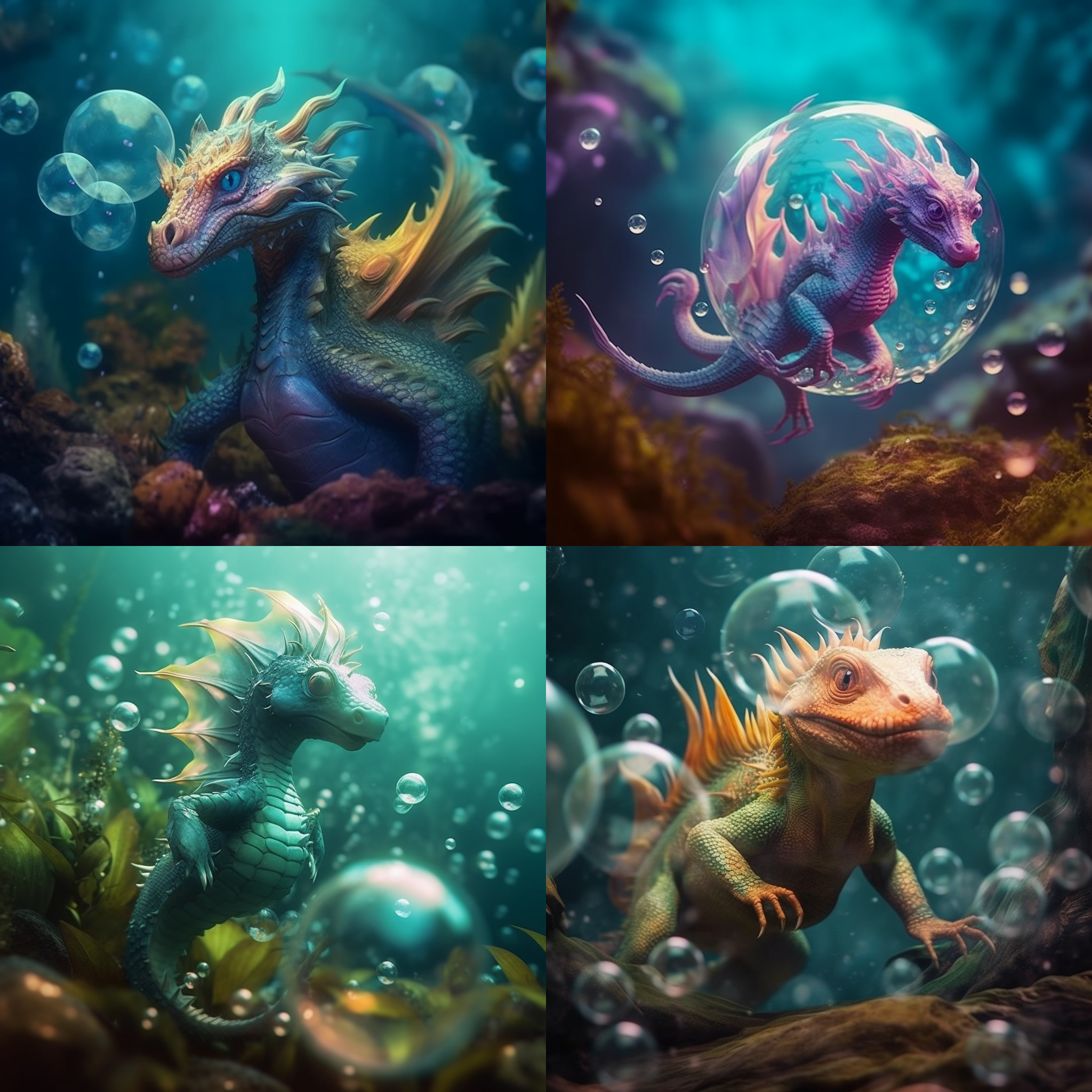 气泡龙，水下环境，柔和色调，微距镜头，细节丰富，透明感，流畅线条，悬浮，神秘感。