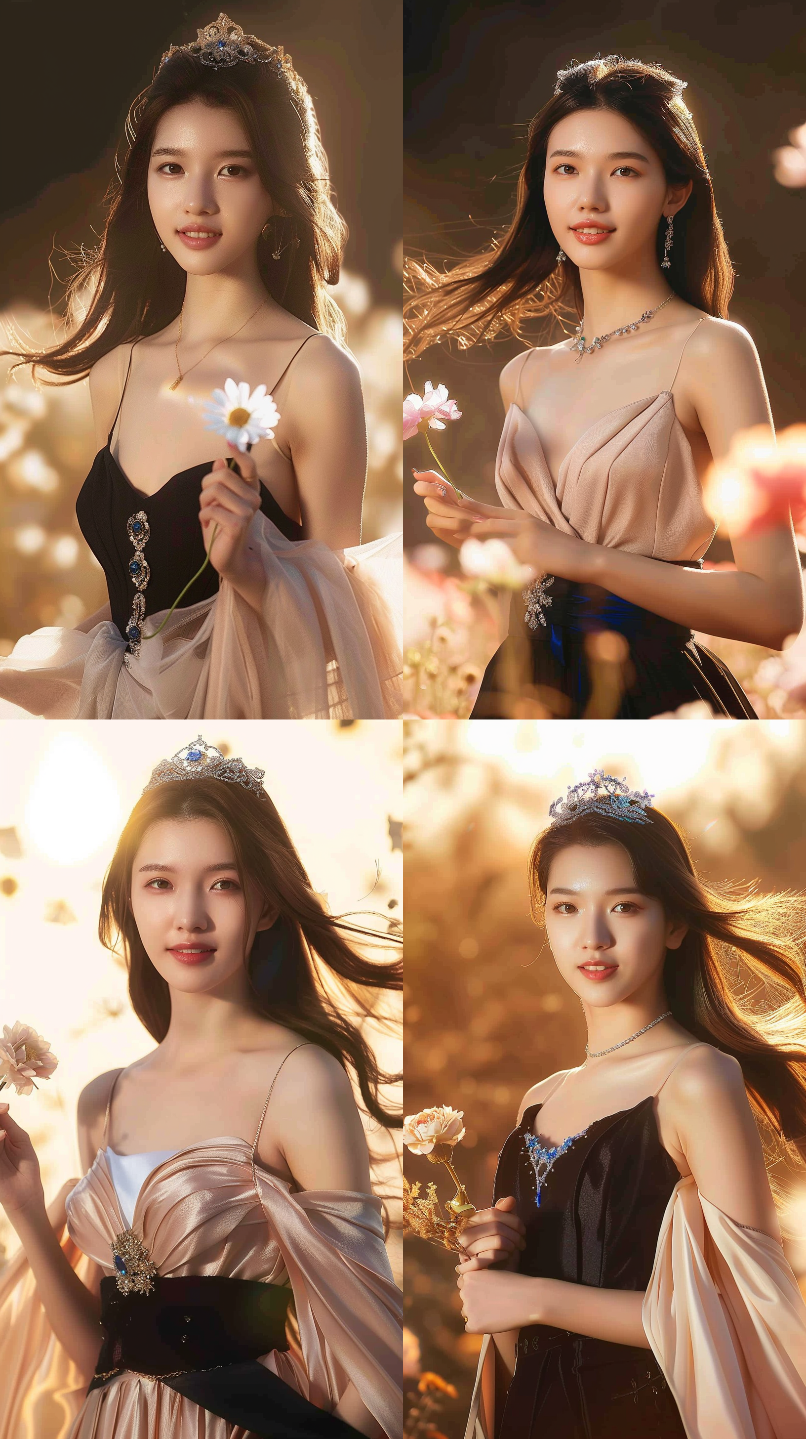 年轻美女，花海中，清晨阳光照耀下，身着飘逸长裙，微笑着，手中拿着一朵绽放的鲜花。柔和色调，浅景深，人物特写，自然光线，自然动作，温暖，欢快。