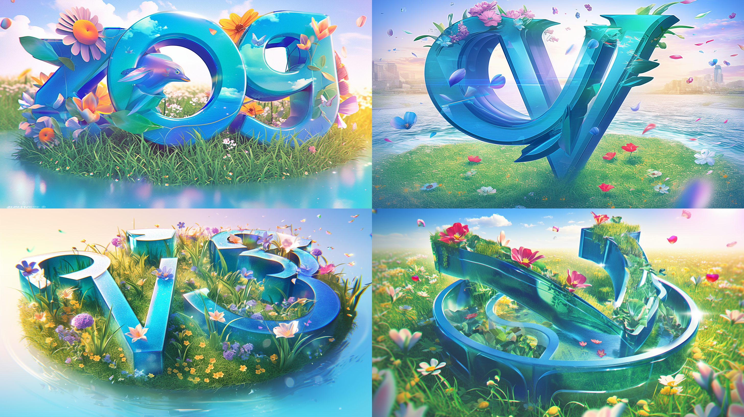 3d文字“v”，可爱的大数字，圆形，少女色，白色背景，地上绿草如茵，一条河流流过，五颜六色的花朵四通八达，呈现出卡通风格，色彩明亮，可爱的风格，柔和的灯光，欢快的氛围，玻璃材质，近距离拍摄，8k